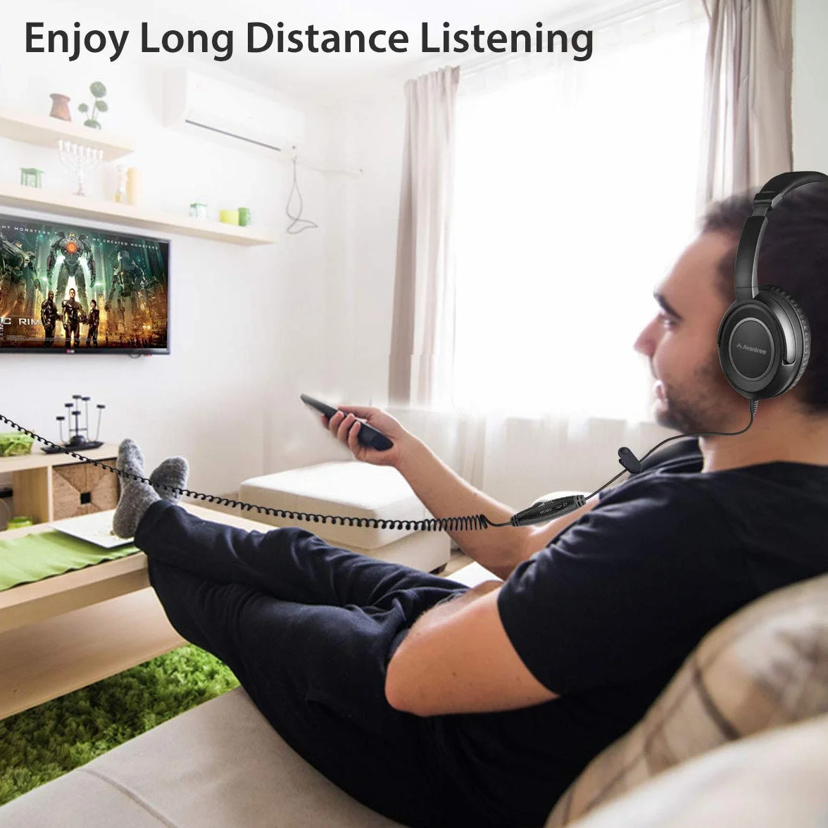 Avantree HF039 Over Ear TV Kopfhörer mit Langes Kabel (16.4 Fuß / 5M), HiFi Stereo Headset für Fernseher, mit Ohrmuscheln, 3.5mm Audio Output, mit Spiralenkabel und eingebauter Lautstärkeregelung