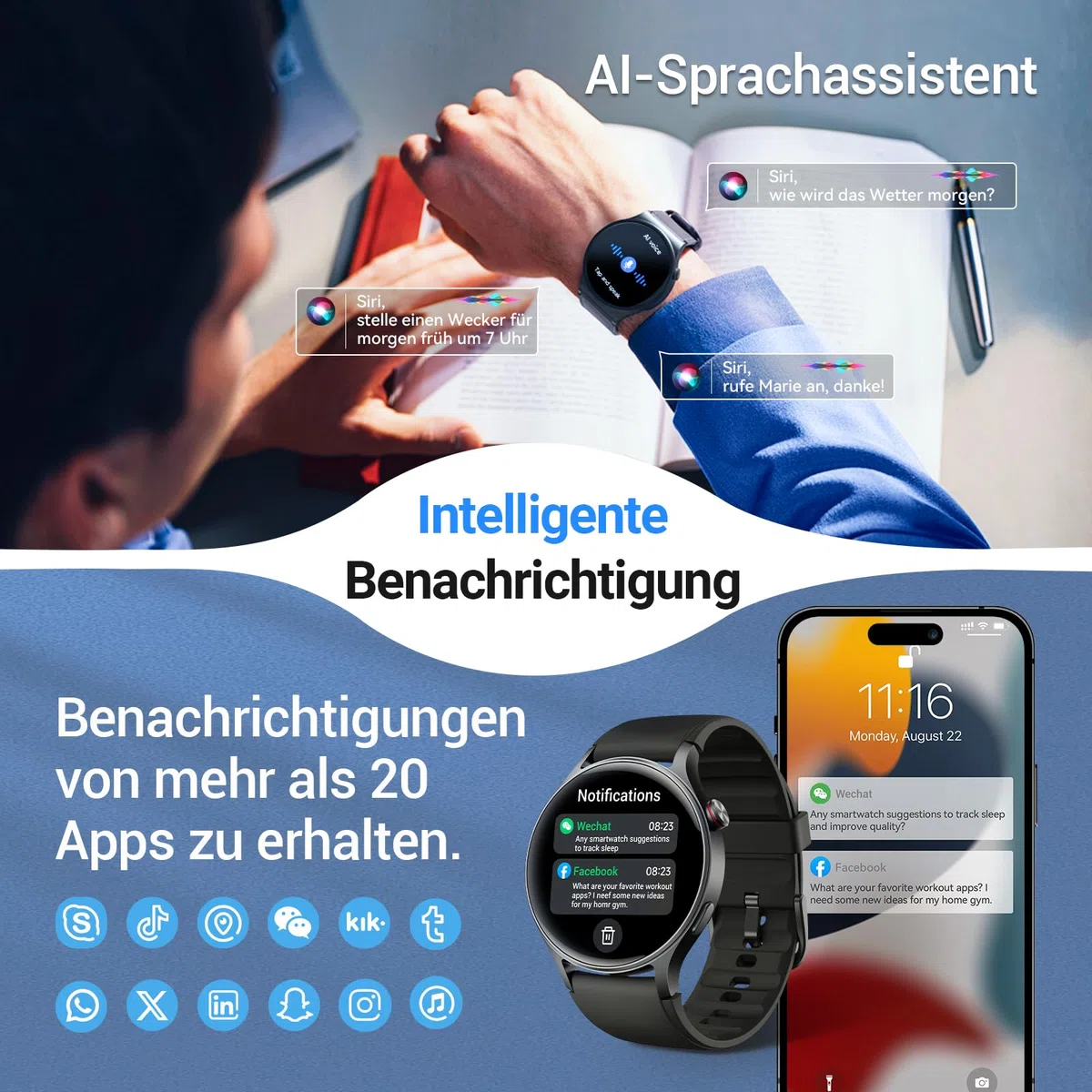 Smartwatch Herren Rund mit Telefonfunktion 1.32" AMOLED Display Fitnessuhr 110+ Sportmodi 3ATM Schrittzähler Pulsmesser SpO2 Schlafmonitor Schwarz