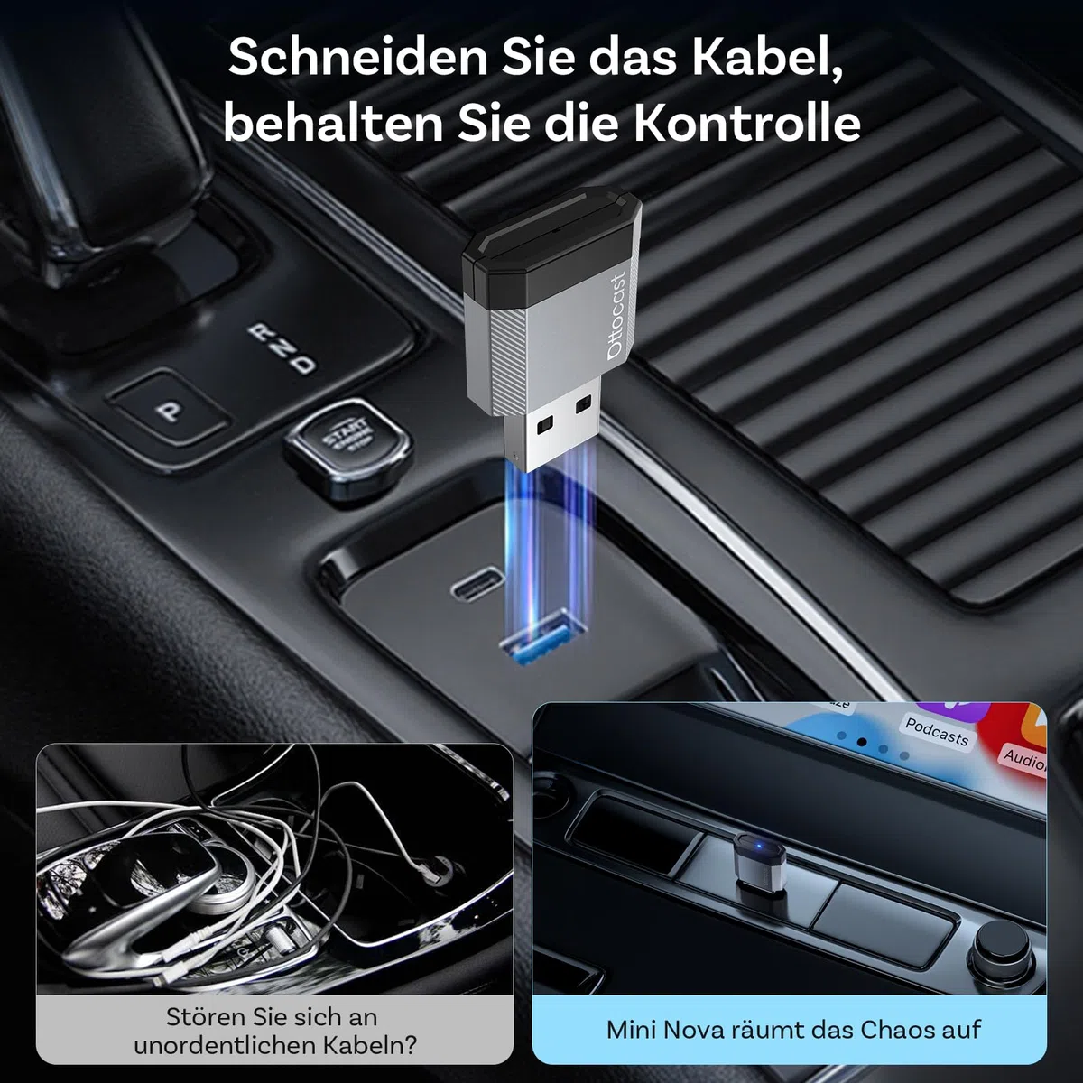 OTTOCAST 2 in 1 Wireless CarPlay und Android Auto Adapter, Mini Nova 2026 Ultra-Kompakter Kabelloser Adapter, Unterstützt ChatGPT Gemini, Plug & Play für kabelgebundene CarPlay/Android Auto Fahrzeuge