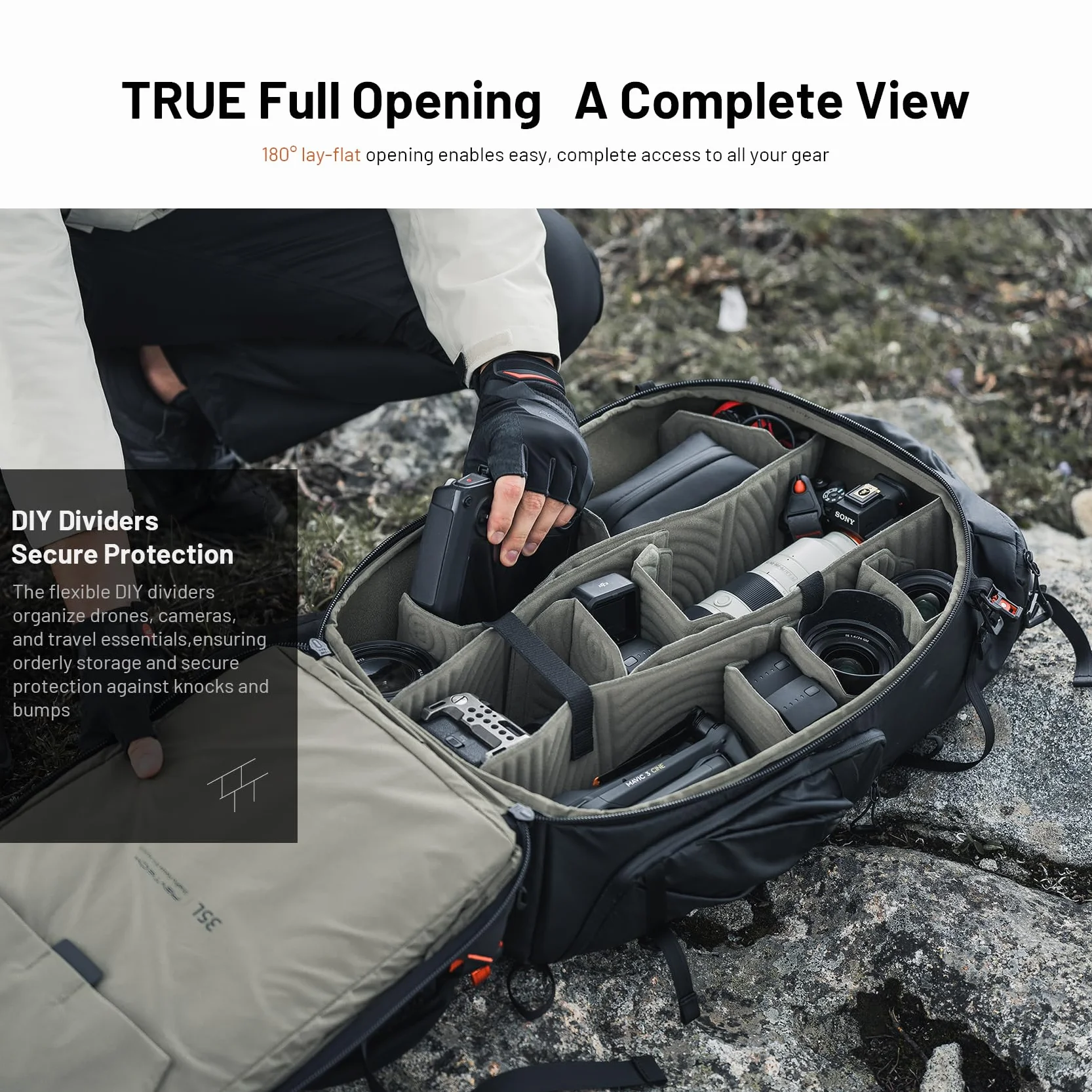 PGYTECH OnePro Focux 35L Rucksack Wasserdicht, Kamerarucksack für DSLR/SLR/Spiegellose Kameras/Objektive Stativ, Regenschutz Fotorucksack Wandern mit Laptopfach, Schwarz