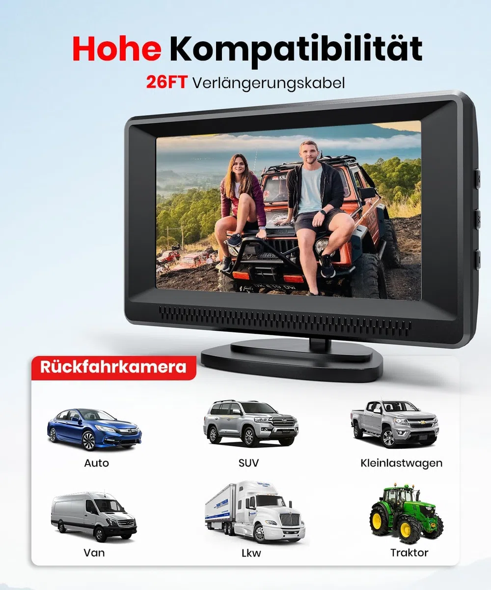 Foxpark 4,3" HD 1080P Farb-Nachtsicht Monitor Rückfahrkamera IP69K Wasserdicht Plug and Play