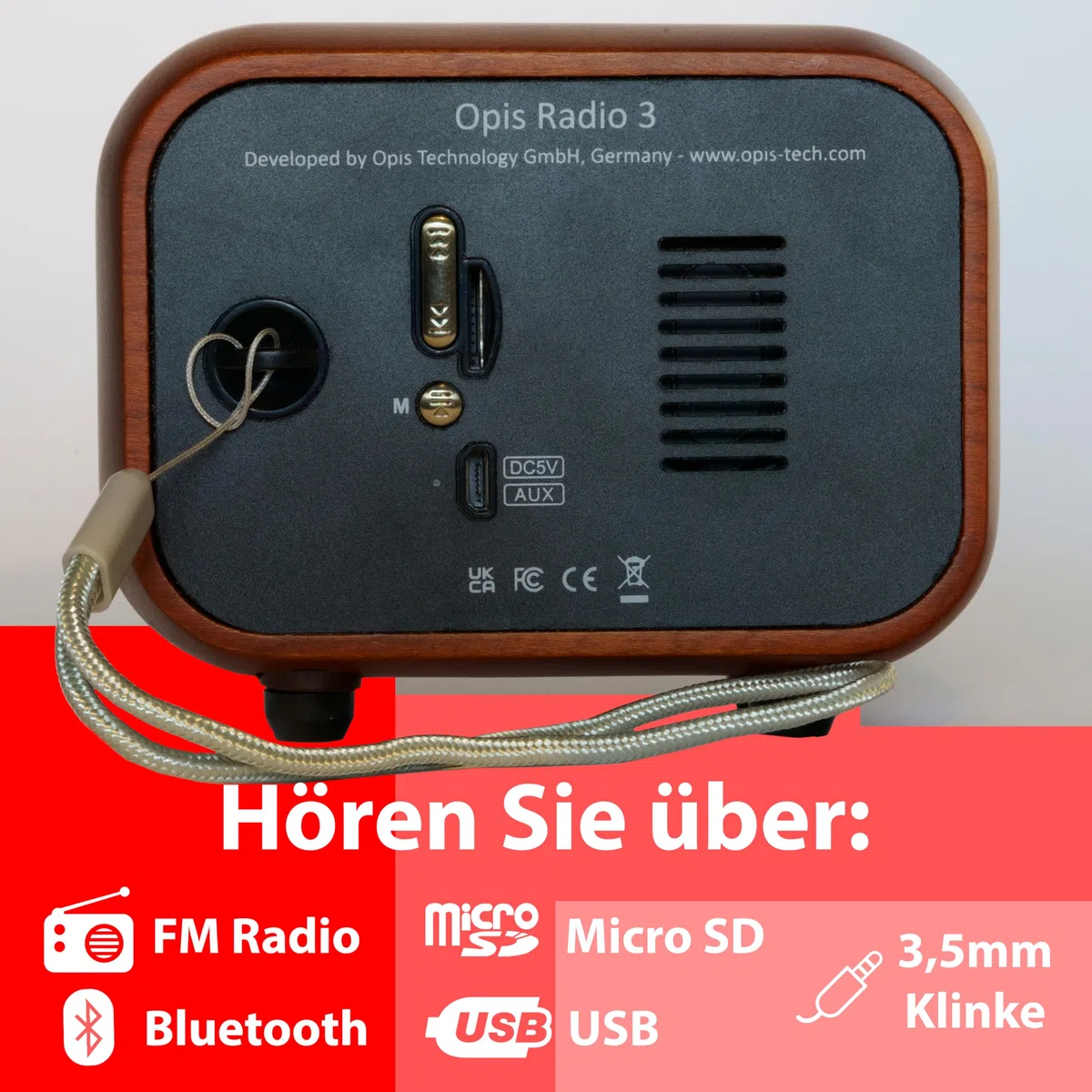 Opis Radio 3 – Kleiner Kirschholz Retro Bluetooth Lautsprecher mit UKW Radio mit Bluetooth im Vintage Look - SD-Kartenfunktion und AUX Eingang
