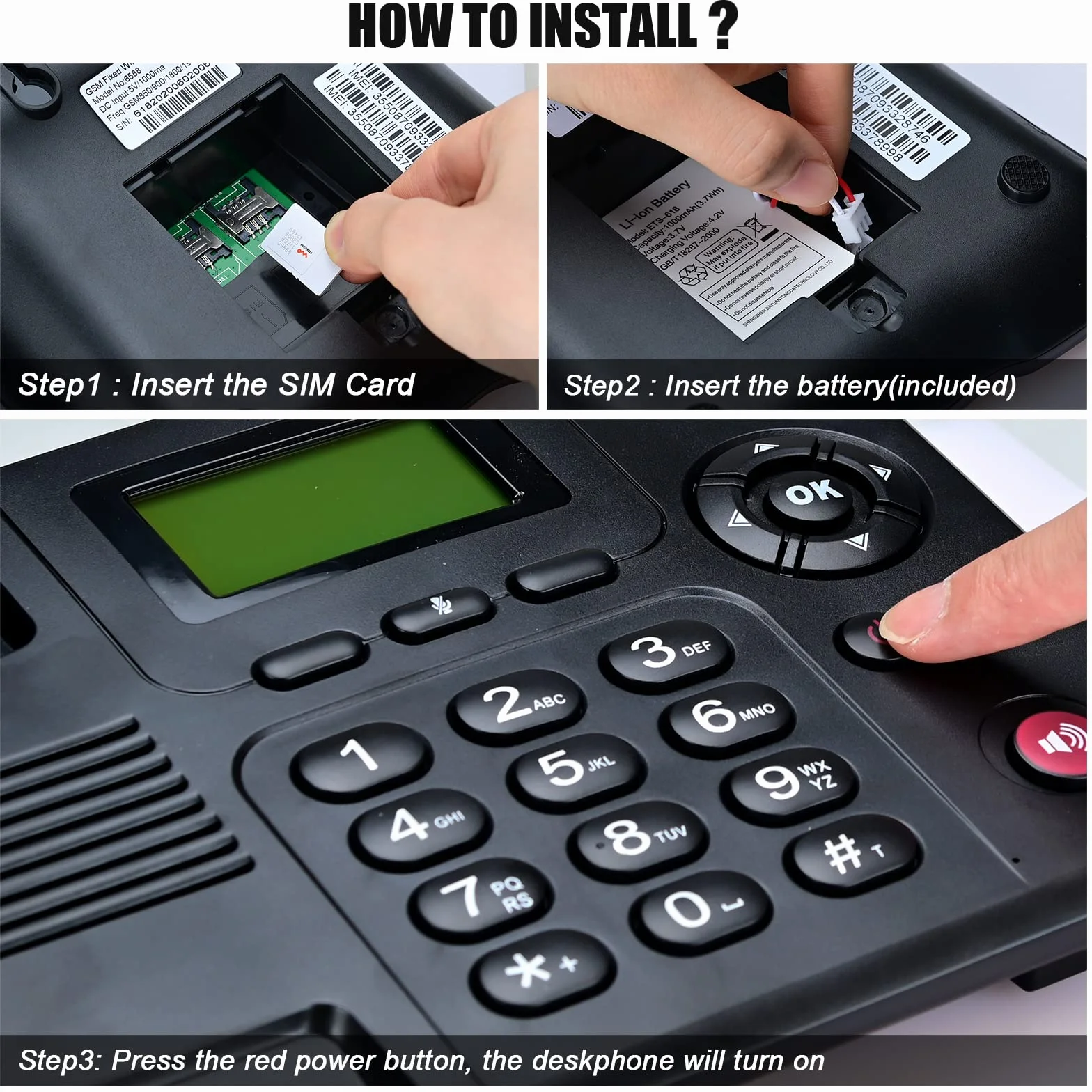 Lychee Quadband GSM Tischtelefon - Dual-SIM, Unterstützung für mehrere Sprachen(Einschließlich Deutsch),Großes Display mit Hintergrundbeleuchtung, Radiofunktion