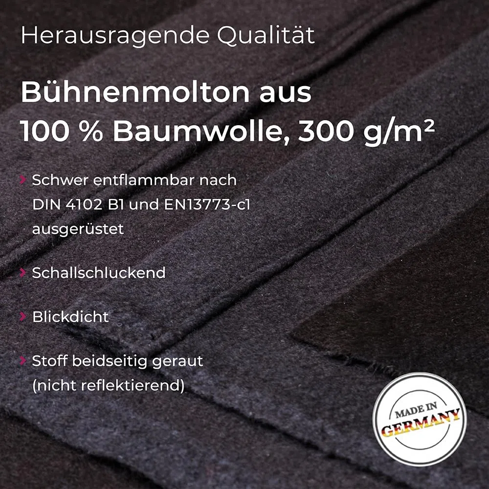B1 Bühnenmolton konfektioniert – Molton-Vorhang aus Baumwolle, blickdichter Verdunkelungsvorhang mit 16er Ösen, ideal für Film, Foto, Theater und Event – 6 x 5 m, 300g/m2, Schwarz