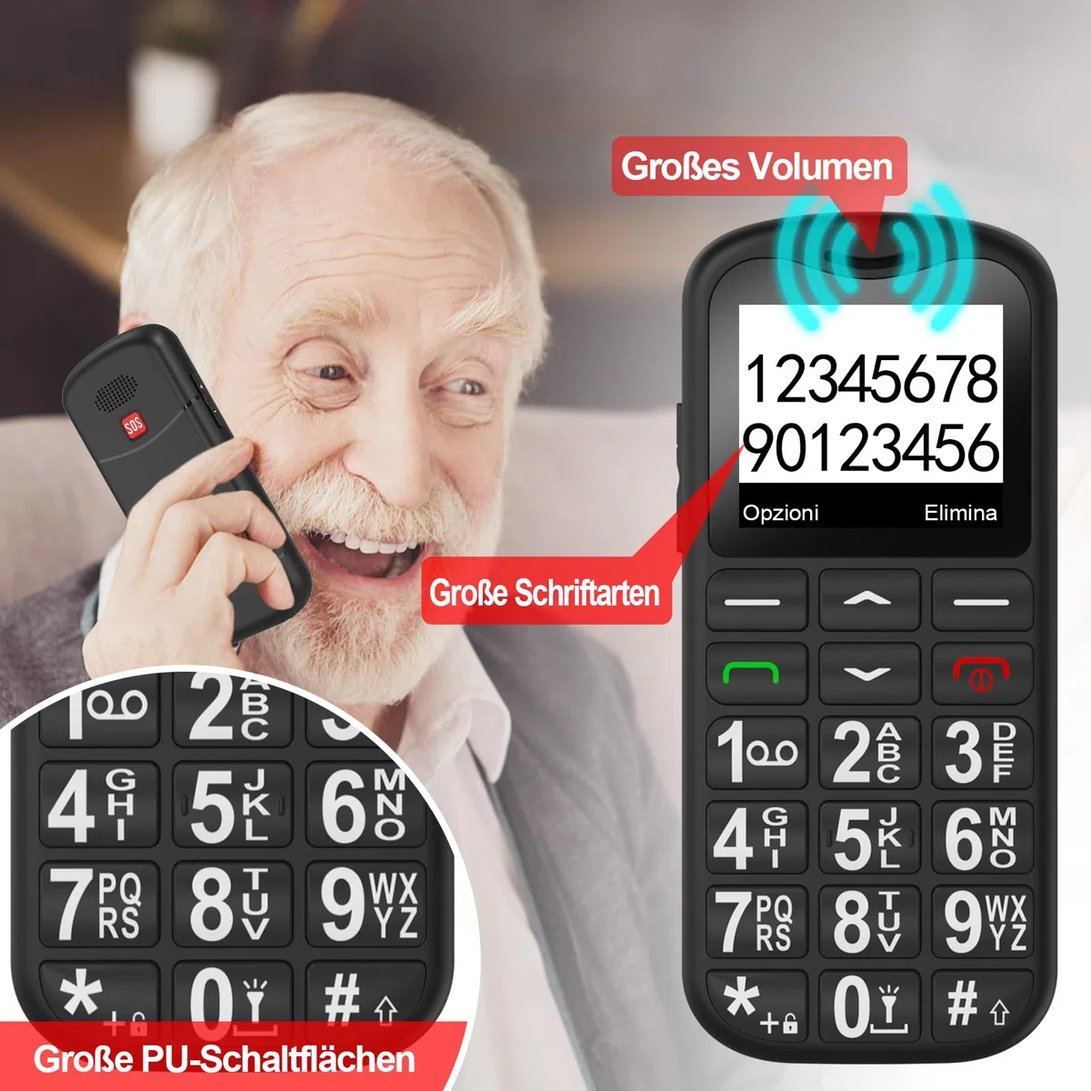 4G Seniorenhandy mit Großen Tasten | Mobiltelefon Ohne Vertrag mit Nano-SIM-Schlitz | 1.7 Zoll LCD | SOS-Funktion | Kurzwahl | Tastenhandy mit Taschenlampe | Ladestation | Schwarz
