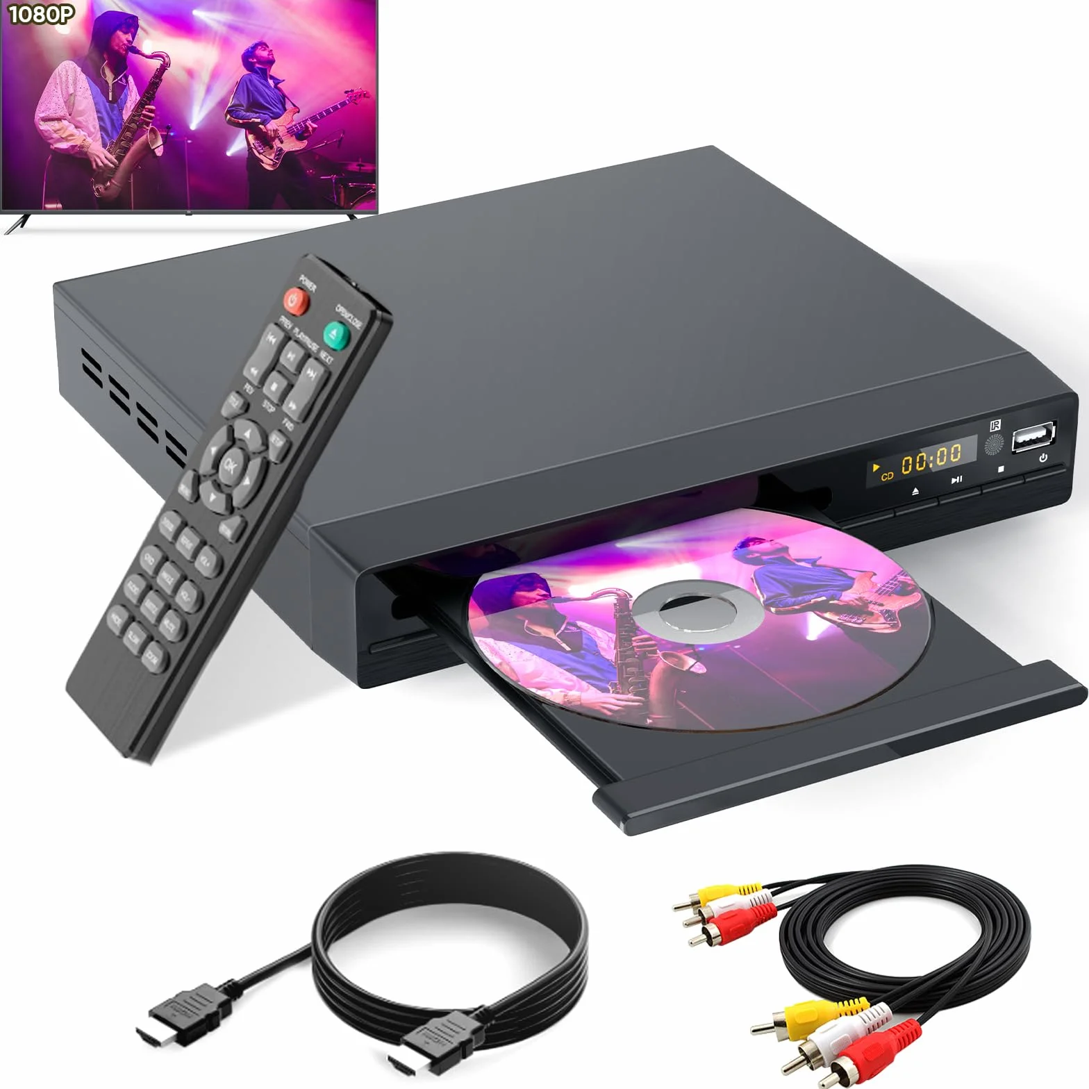 DVD CD Player für Fernseher, Up-Convert to HD 1080p, All Region, Breakpoint Memory, Eingebautes PAL/NTSC, USB 2.0