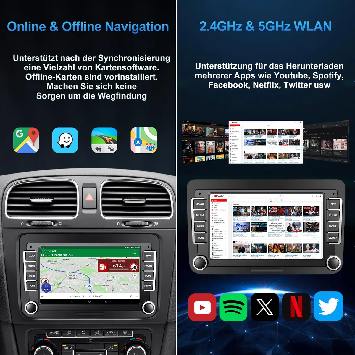 Autoradio mit Bildschirm Bluetooth für VW Polo Golf 5 6 T5 Passat Caddy Seat Skoda, 2Din Auto Radio 7 Zoll Touch Display Android 14,mit DAB Navi WLAN Carplay Android Auto Lenkrad Strg