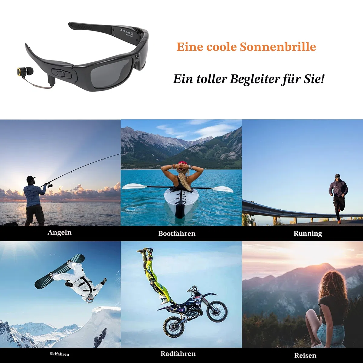 Kamera Sonnenbrille, Bluetooth Sonnenbrille Full HD 1080P Videokamera Brille mit UV-Schutz Polarisierte Linse für Outdoor und Reisen, SM-21B