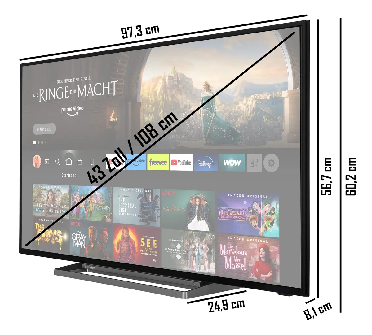 Toshiba 43UF3D63DAX 43 Zoll Smart Fire TV Fernseher (4K Ultra HD, HDR Dolby Vision, Triple-Tuner, Alexa Sprachsteuerung, Bluetooth, Sound by Onkyo), Schwarz