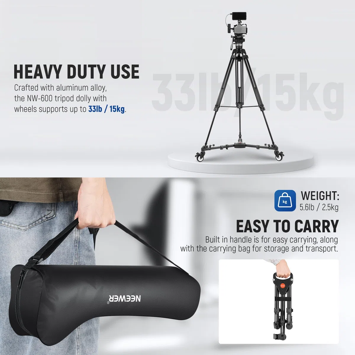 NEEWER Fotostativ Dolly, Heavy Duty 50lbs Kapazität Stativ Räder mit 3 Zoll Gummiräder, verstellbare Beinhalterung und Tragetasche für Canon Nikon Sony DSLR Kameras
