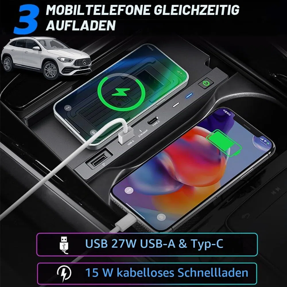 Kabelloses Ladegerät Auto für Mercedes-Benz A-Class GLA-Class AMG B-Class GLB-Class CLA-Class 2020-2023 15W Schnellladendes Handy-Ladegerät für Mercedes-Benz W177 H247 C118 W247 X247 Zubehör