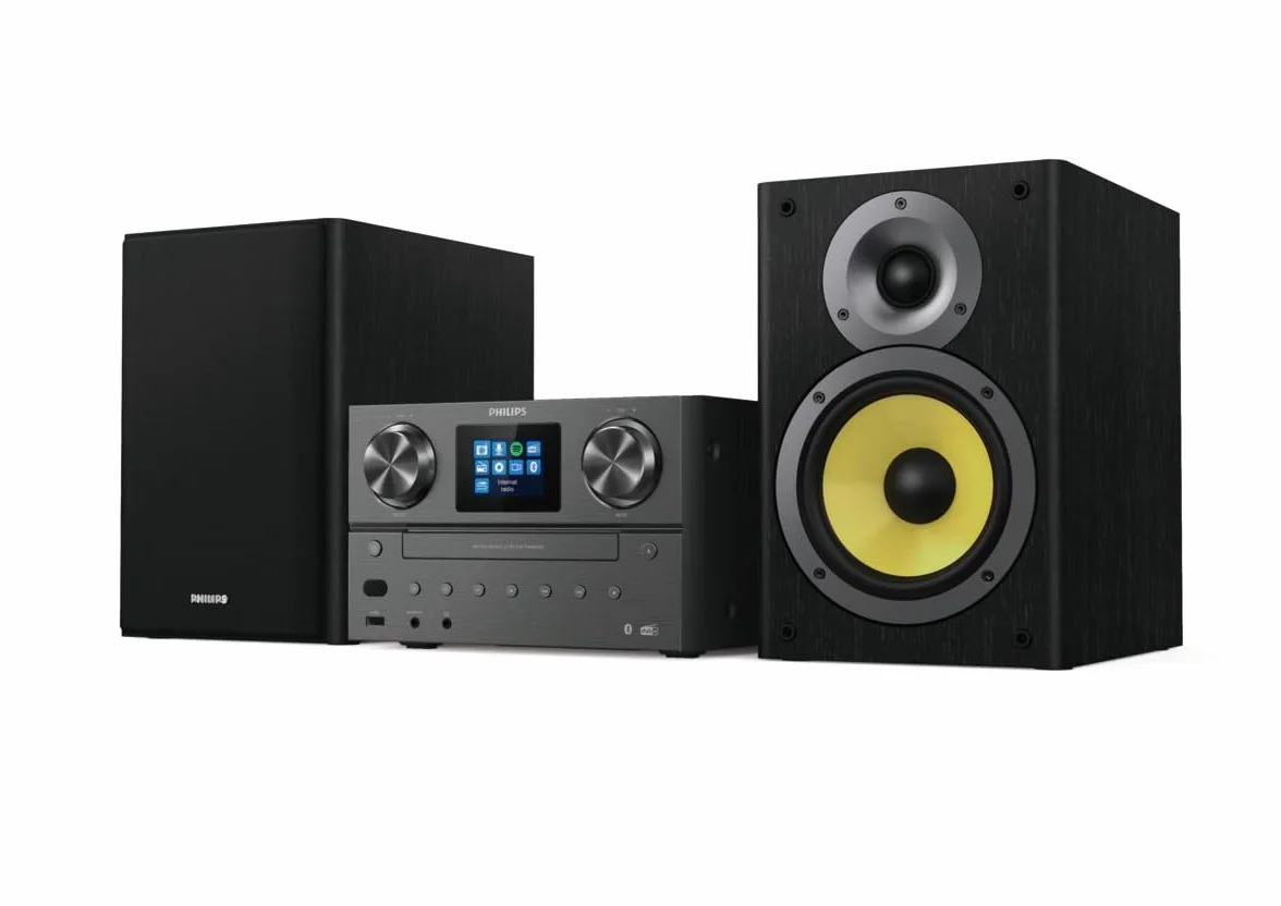 Philips TAM8905 Mikro-Musiksystem 100W, Bluetooth, Spotify Connect, Internetradio, DAB+, CD-Player, USB, Bassreflex-Lautsprecher, Digitale Klangregelung, klassisches Design mit Farbdisplay