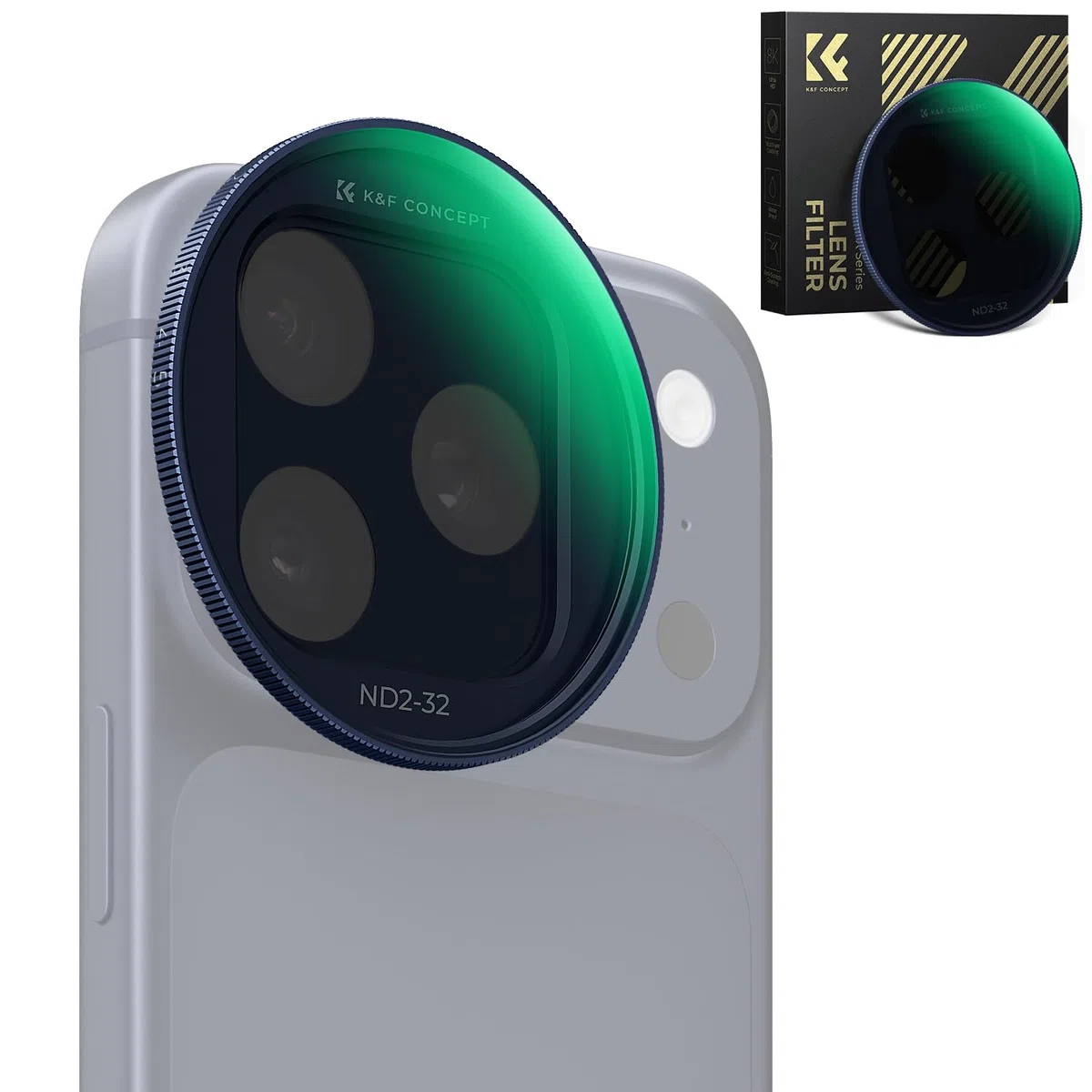 K&F CONCEPT FA301 Snap-On ND2-32 Filter kompatibel mit iPhone 17 Pro/Pro Max, 11,2g extrem Leichter VND-Filter mit Snap-On Deco-Halterung, AGC-Glas mit 28-Schichten-Beschichtung, dunkelblau