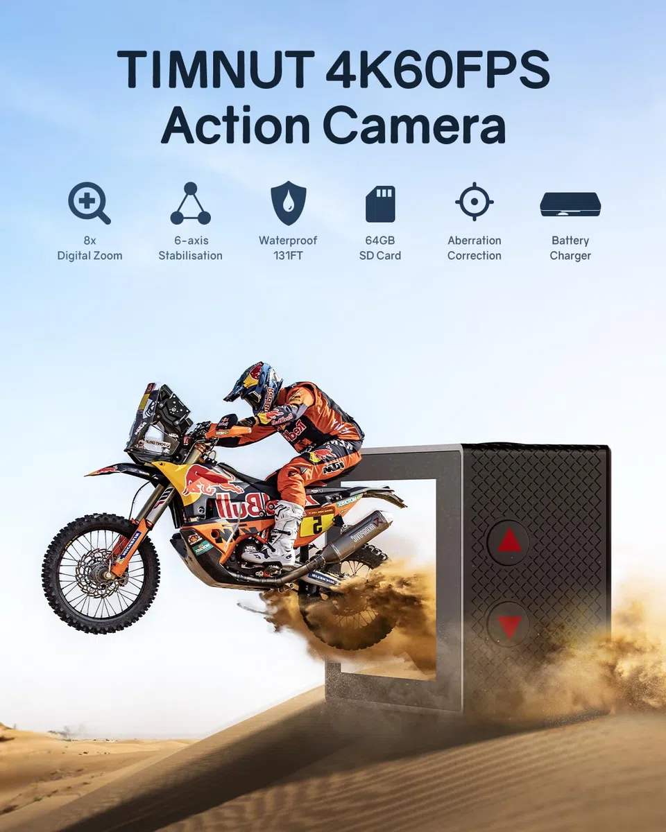 4K60FPS Action Kamera, 40M wasserdichte Action Cam Unterwasserkamera mit 64 GB SD-Karte, 6-Achsen-Stabilisierung, Motorradkamera mit 8-Fach-Zoom und 2,4-GHz-Fernbedienung, Helmzubehör