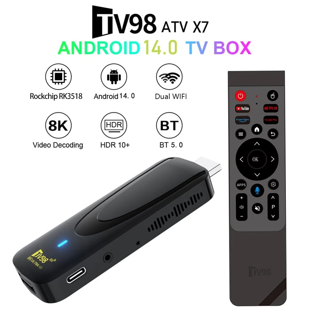 TV Stick Android 14 mit 5G WLAN, RK3518 Quad-Core Streaming Stick 4K UHD, HDMI TV Dongle mit Bluetooth 5.0, Sprachfernbedienung, Dual-Band WiFi, kompakter Media Player für TV & Heimunterhaltung