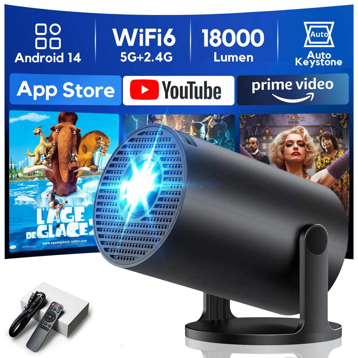 Smart Mini Beamer 1080P Unterstützt, Tragbarer Projektor AKIYO O2 mit WiFi 6 und Bluetooth 5.4, Beamer Klein mit 180° Drehbar und Auto Keystone, Kompatibel mit HDMI/Smartphone/USB/Laptop/PS5, Schwarz