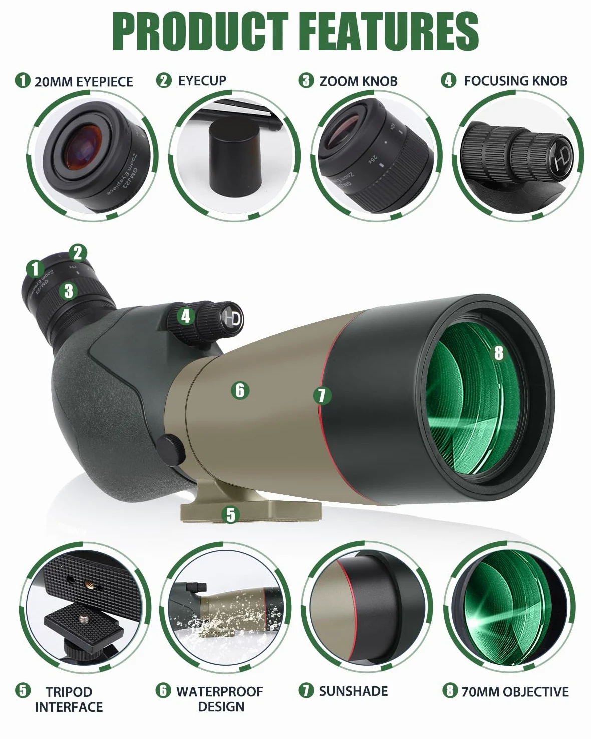 Spektiv, Ultra HD 25–75 x 60 Teleskop, Dual-Fokussierung, ED, wasserdichtes Zielfernrohr, FMC-Objektiv, BAK4-Prisma mit Tragetasche, Stativ für Zielschießen, Jagd, Vogelbeobachtung, Wildtierlandschaft