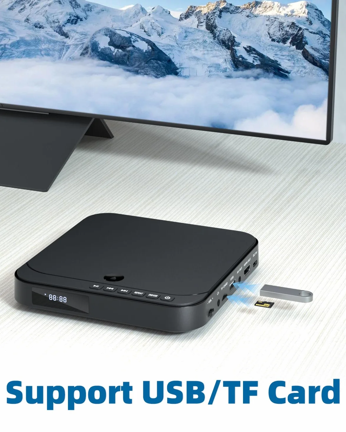 DVD Player Für Fernseher, Mini DVD Player HDMI 1080P, Allen Regionen, Anti-Shock, unterstützt USB/TF-Karte, integriertes PAL/NTSC und Fernbedienung