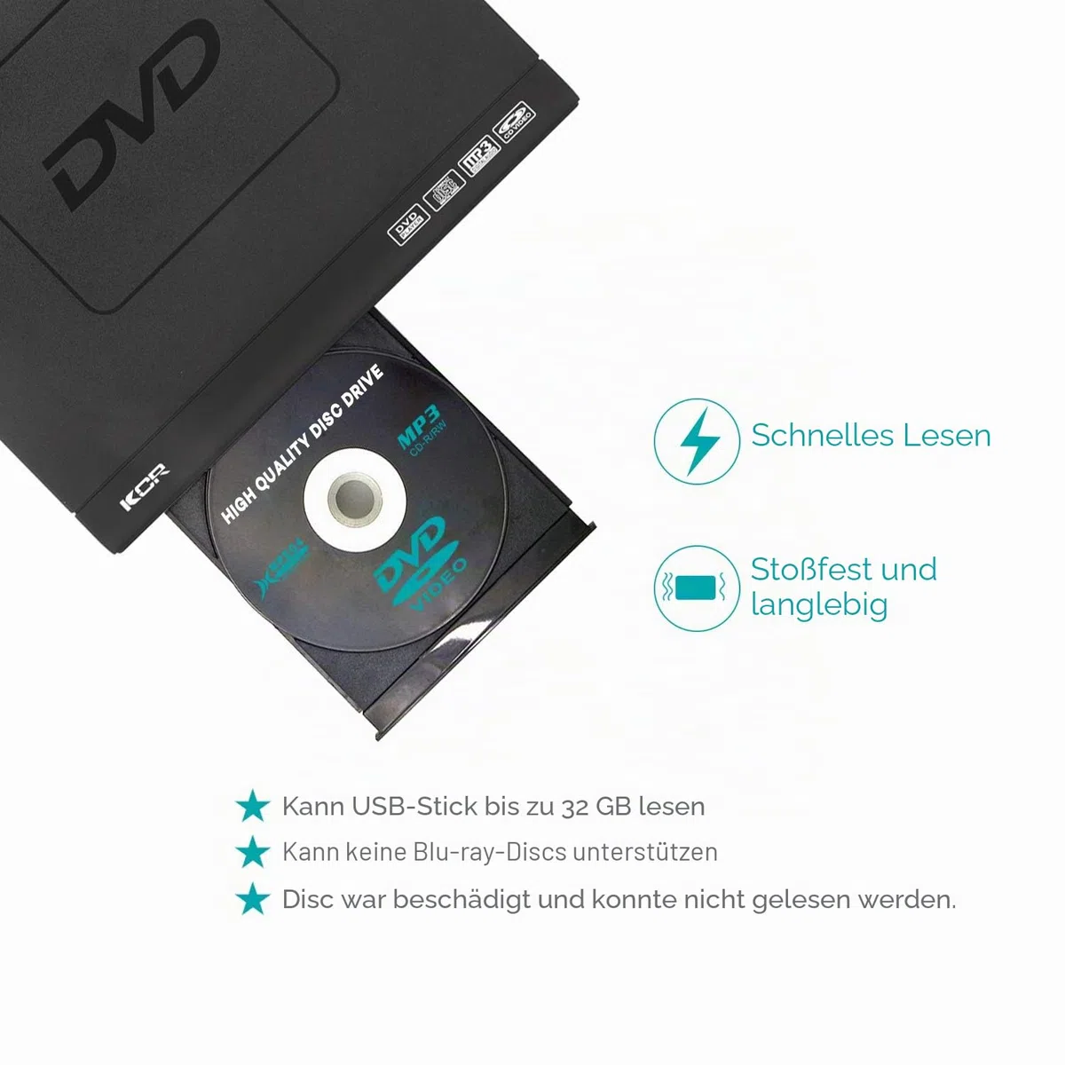 KCR DVD-Player für TV, DVD/CD / MP3 mit USB-Anschluss, HDMI- und AV-Ausgang (HDMI- und AV-Kabel enthalten), Fernbedienung