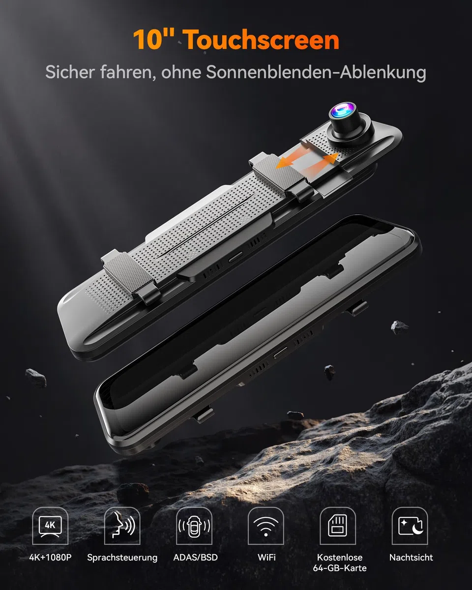 WOLFBOX M40 10” Rückfahrkamera Spiegel, 4K+1080P Dashcam Auto Vorne Hinten | Rückspiegel Kamera mit ADAS/BSD, Sprachsteuerung, Nachtsicht, Touchscreen, Integriertem Wi-Fi, Inklusive 64GB Karte & GPS