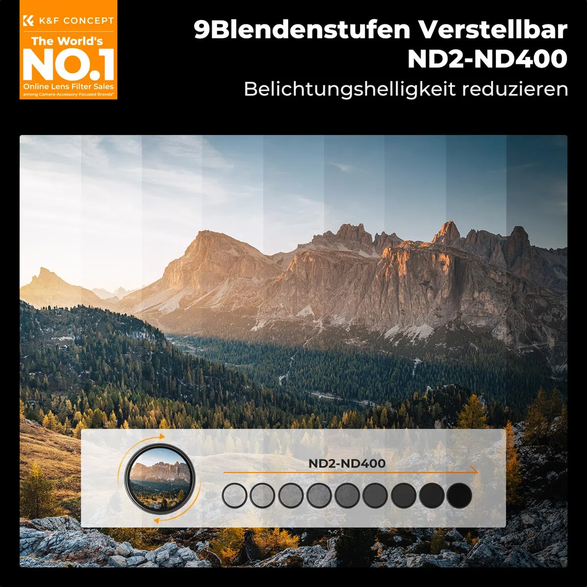 K&F CONCEPT 67mm ND Filter Variabler Graufilter ND2-ND400 (1-9 Blendenstufen) mit DREI Reinigungstücher für Landschaftsfotografie（Nano-Basic Serie）