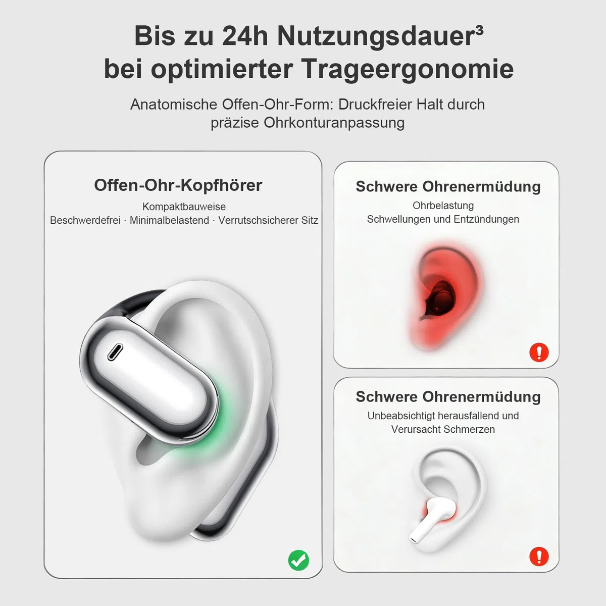 Open Ear Kopfhörer Bluetooth 6.1 KI 50 Std Sport Kopfhörer mit Bequem Flexiblem Ohrhaken 4 ENC Mic Doppel LED Ladebox 1std Schnellladung Open Ear Ohrhörer Smart Touch On Ear Sportkopfhörer für Laufen