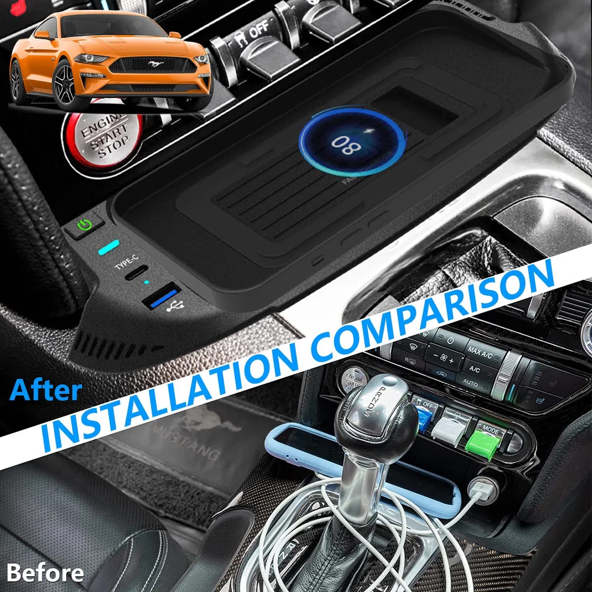 Kabelloses Ladegerät Auto für Ford Mustang 2022 2021 2020 2019 2018 2017 2016 2015, 15W Qi Schnellladendes Handy-Ladegerät mit QC3.0-USB-Anschluss für iPhone 12/13/13 Pro Samsung S22/S21