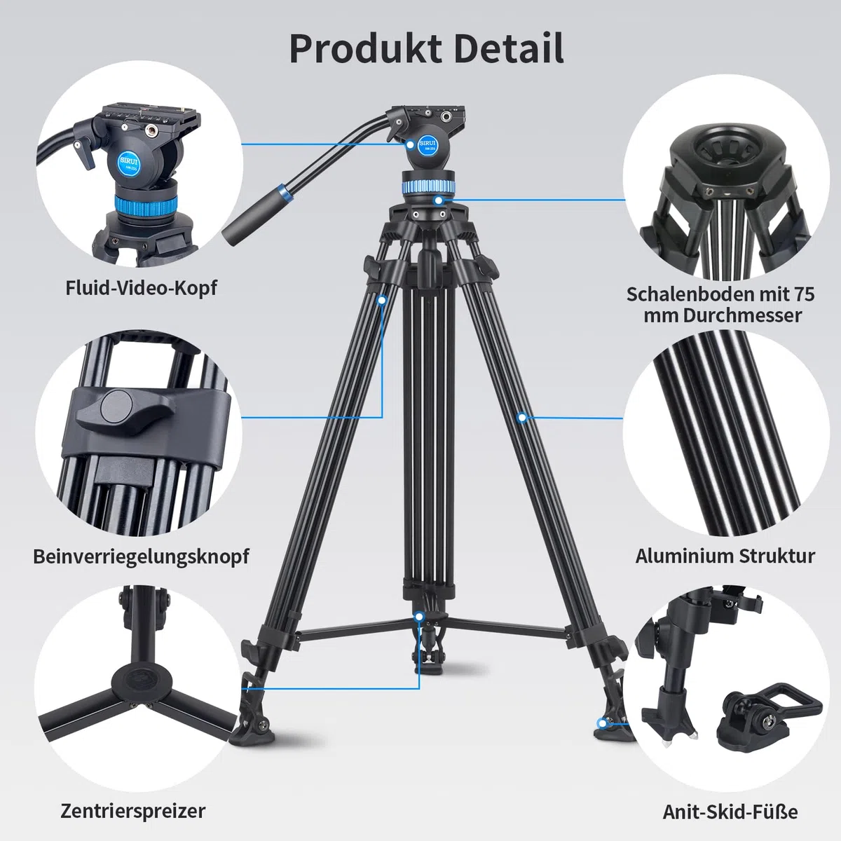 SIRUI AM-25S Profi Videostativ mit Fluidkopf, 190cm Aluminium Dreibein-Stativ für Kameras DSLR, 10KG Belastung