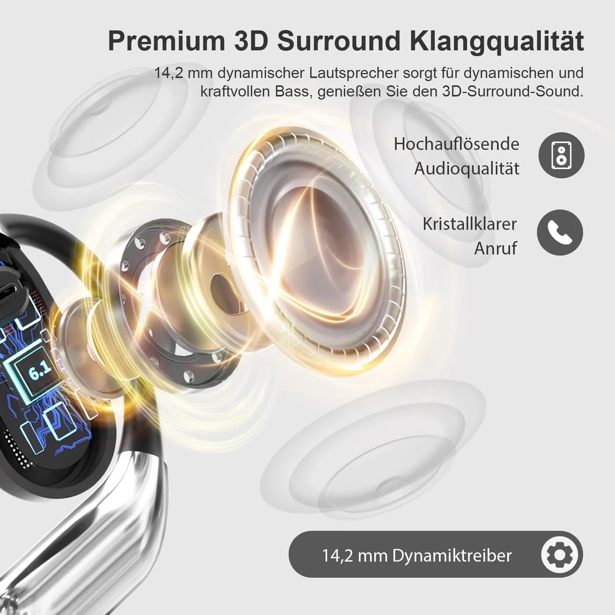 Open Ear Kopfhörer Bluetooth 6.1 KI 50 Std Sport Kopfhörer mit Bequem Flexiblem Ohrhaken 4 ENC Mic Doppel LED Ladebox 1std Schnellladung Open Ear Ohrhörer Smart Touch On Ear Sportkopfhörer für Laufen