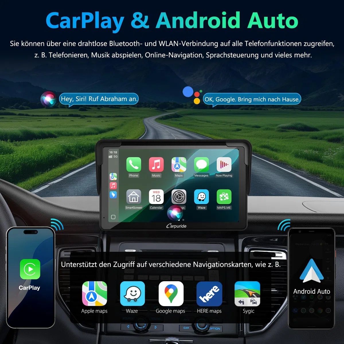 Tragbarer Carplay Bildschirm, Carpuride V3R Kabelloses Airplay&Android Auto, 7 Zoll 1080P HD-Touchscreen mit echter 720P-Rückfahrkamera/BT 5.0/Mirror Link/USB-Wiedergabe/Rauschunterdrückungs-Chip AUX