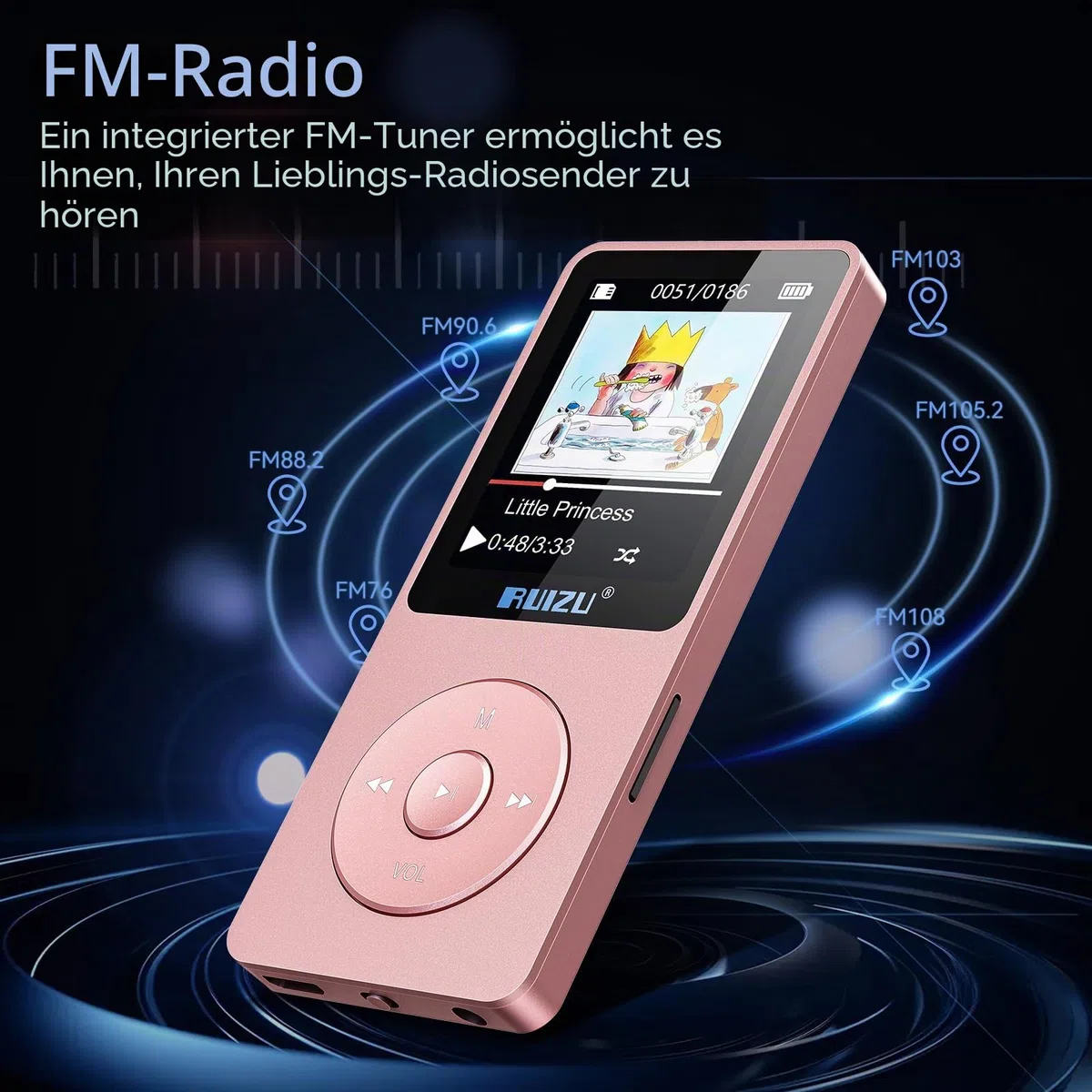 RUIZU 32GB MP3 Player with Bluetooth 5.3, 1.8" Screen Portable Music Player, FM Radio, Voice Recording,80H Digital Audio Video Playback,Support 128GB，Rosagold