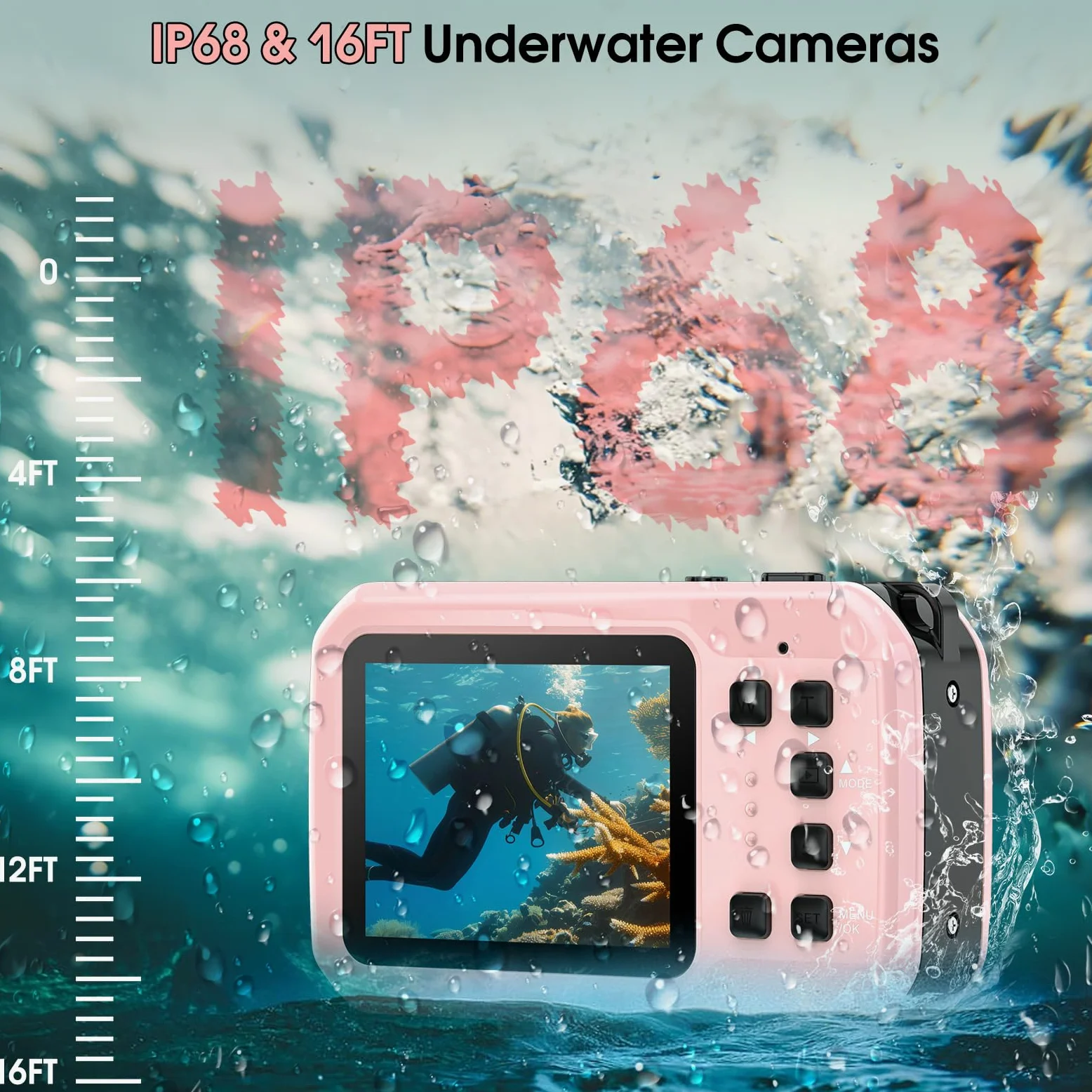 Unterwasserkamera, Yixinxin Digitalkamera wasserdichte 4K 64MP 16FT Autofokus wasserdichte Kamera zum Schnorcheln, IPS HD Bildschirm 16X Digitalzoom und 16GB Karte
