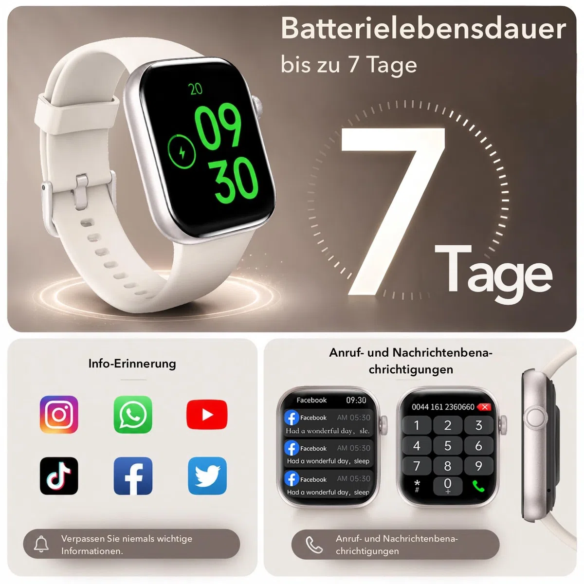 Smartwatch Damen Herren 1,85" HD Touch Fitnessuhr Telefonfunktion 140+ Sportmodi Pulsmesser Schlafmonitor Schrittzähler IP68 Wasserdicht Starlight