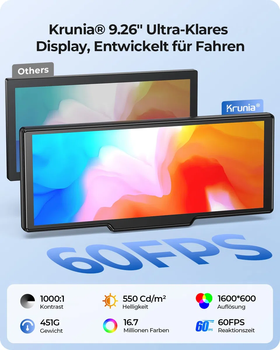 9,26" Drahtloses Tragbarer Car Play Display mit 4K-Front- & HD-Rückfahr-Dual-Dashcam für Apple CarPlay & Android Auto mit OTA-Updates, Mirror Link, Bluetooth 5.0, Sprachsteuerung, GPS, FM