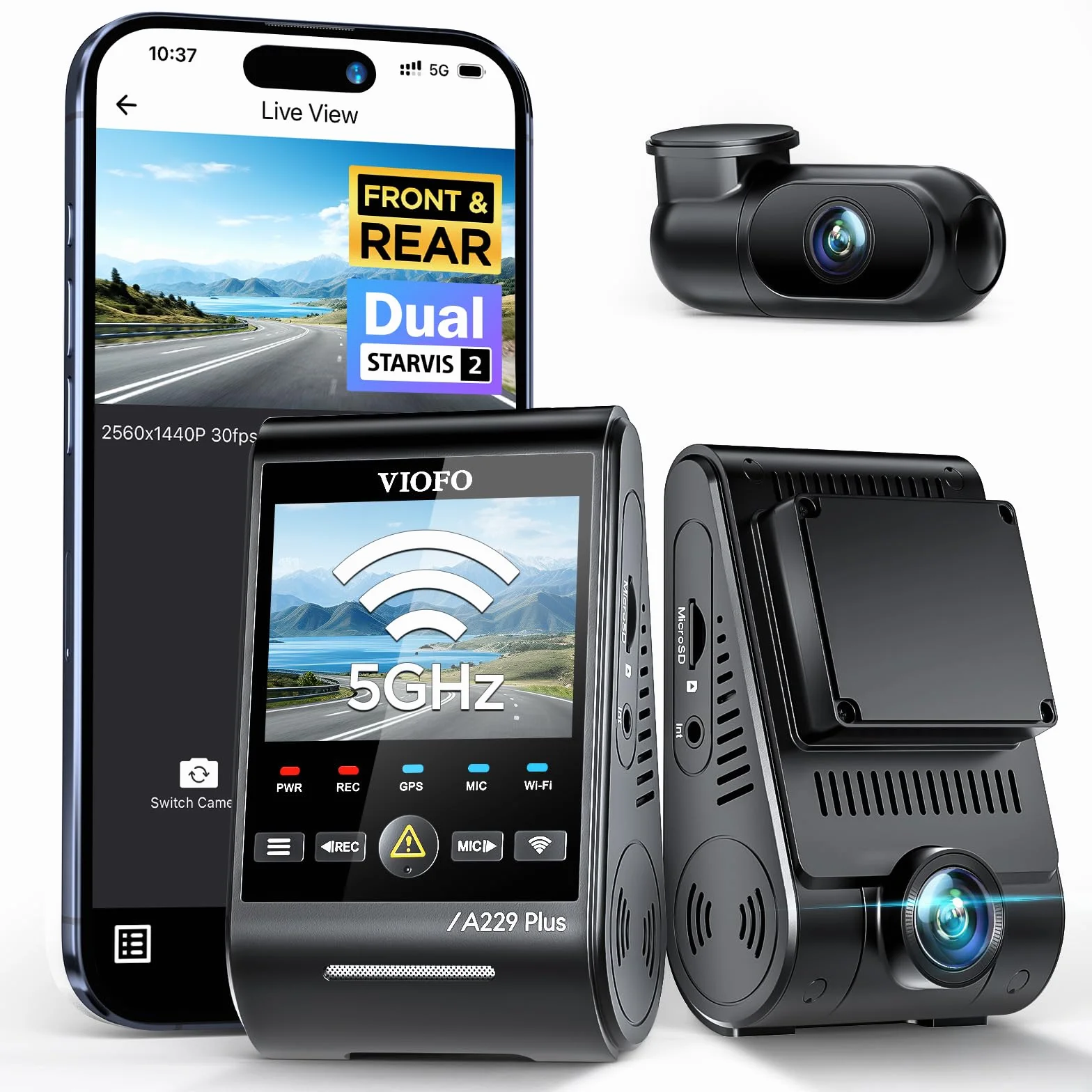 VIOFO A229 Plus 2K + 2K Dual STARVIS 2 HDR Dashcam Auto, Sprachsteuerung & 5GHz Wi-Fi, GPS, Super Nachtsicht 2.0, 2,4" LCD, 512 GB Max