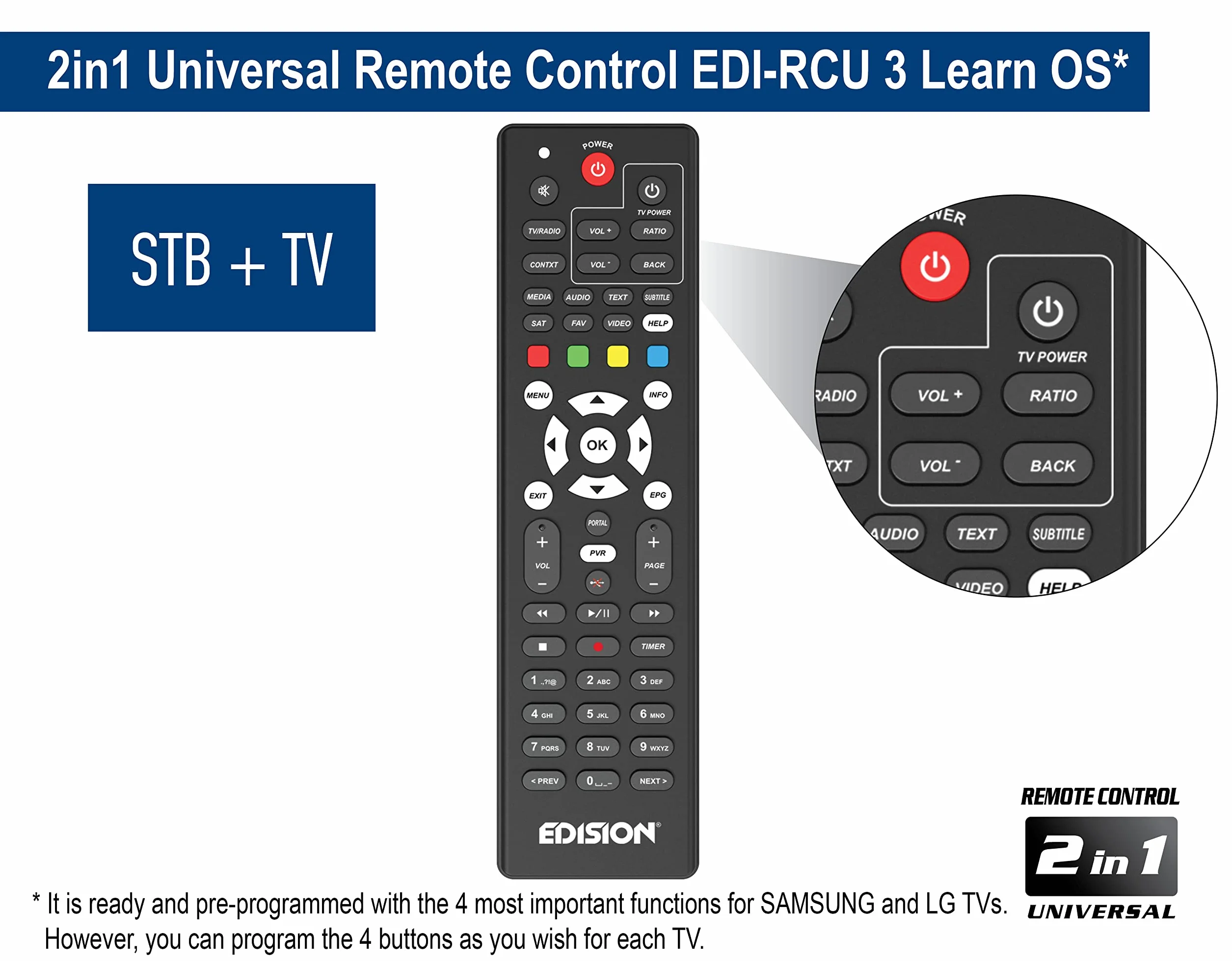 Edision PING T2 C Terrestrischer & Kabel Receiver DVB-T2 C H.265 HEVC Kartenleser Full HD PVR, 2xUSB, HDMI, SCART, LAN, S PDIF, IR-Auge, R2232, USB WiFi Support, Universal 2in1 Fernbedieung Schwarz