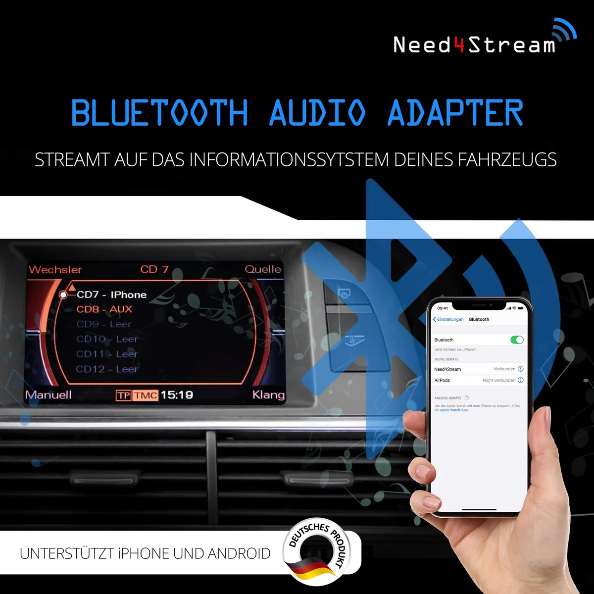 N4S73614 A2DP Bluetooth Audio Interface mit Titelanzeige für MMI 2G, kompatibel mit Audi A4 8K, A5 8T/8F, A6 4F, Q7 4L, A8 4E, kompatibel mit iPhone, Android und Streamingdiensten