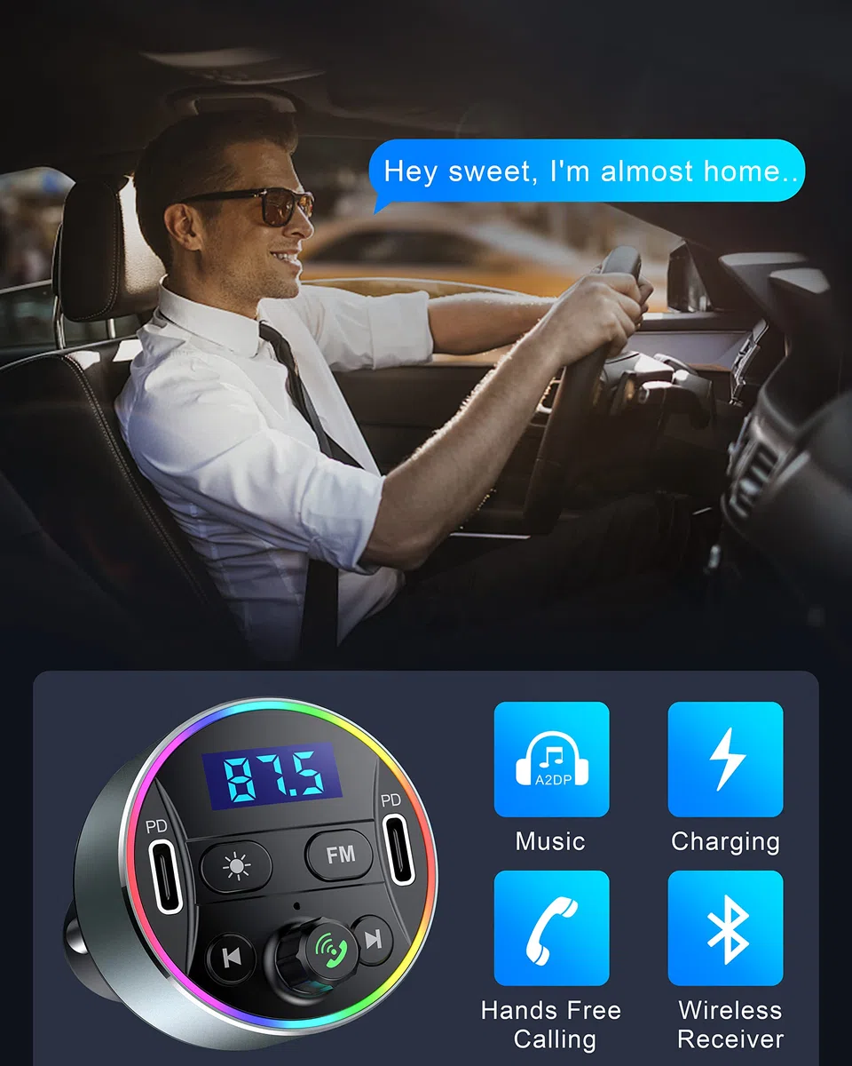 Bluetooth 5.3 FM-Transmitter, Dual PD 40W Typ-C USB kfz Schnelles Ladegerät, Kabellos Bluetooth Auto Adapter mit Mikrofon und HiFi-Sound MP3 Musikplayer, Radio Audio Receiver Support Freisprechanrufe