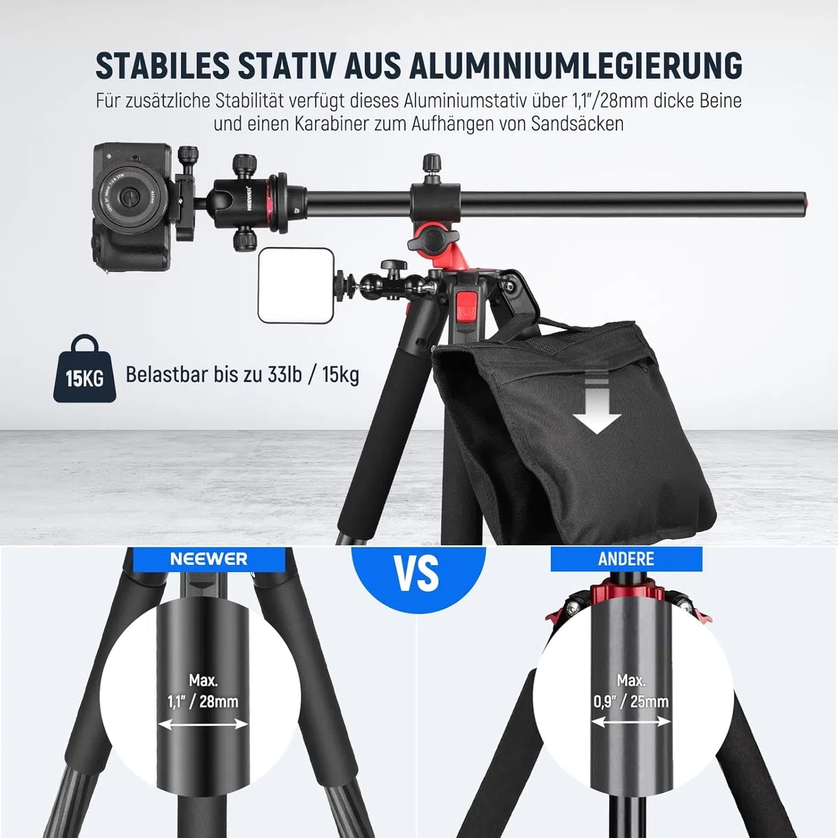 NEEWER 184cm Stativ für Kamera Einbeinstativ mit Mittelsäule Kugelkopf Aluminium Arca QR Platte Tasche 15kg