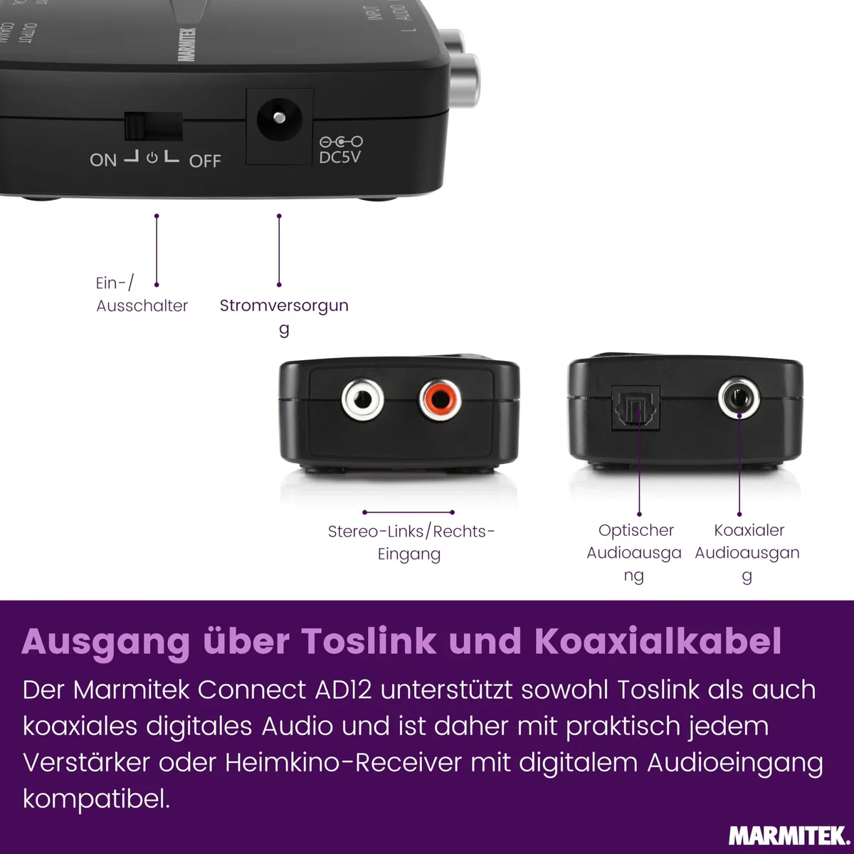 Marmitek Connect AD12 - Analog Digital Wandler ADC RCA Toslink Koaxial | Audio Converter für TV, Verstärker und Soundbar, Cinch RCA auf Toslink oder Koaxial, 48 kHz LPCM und Plug & Play