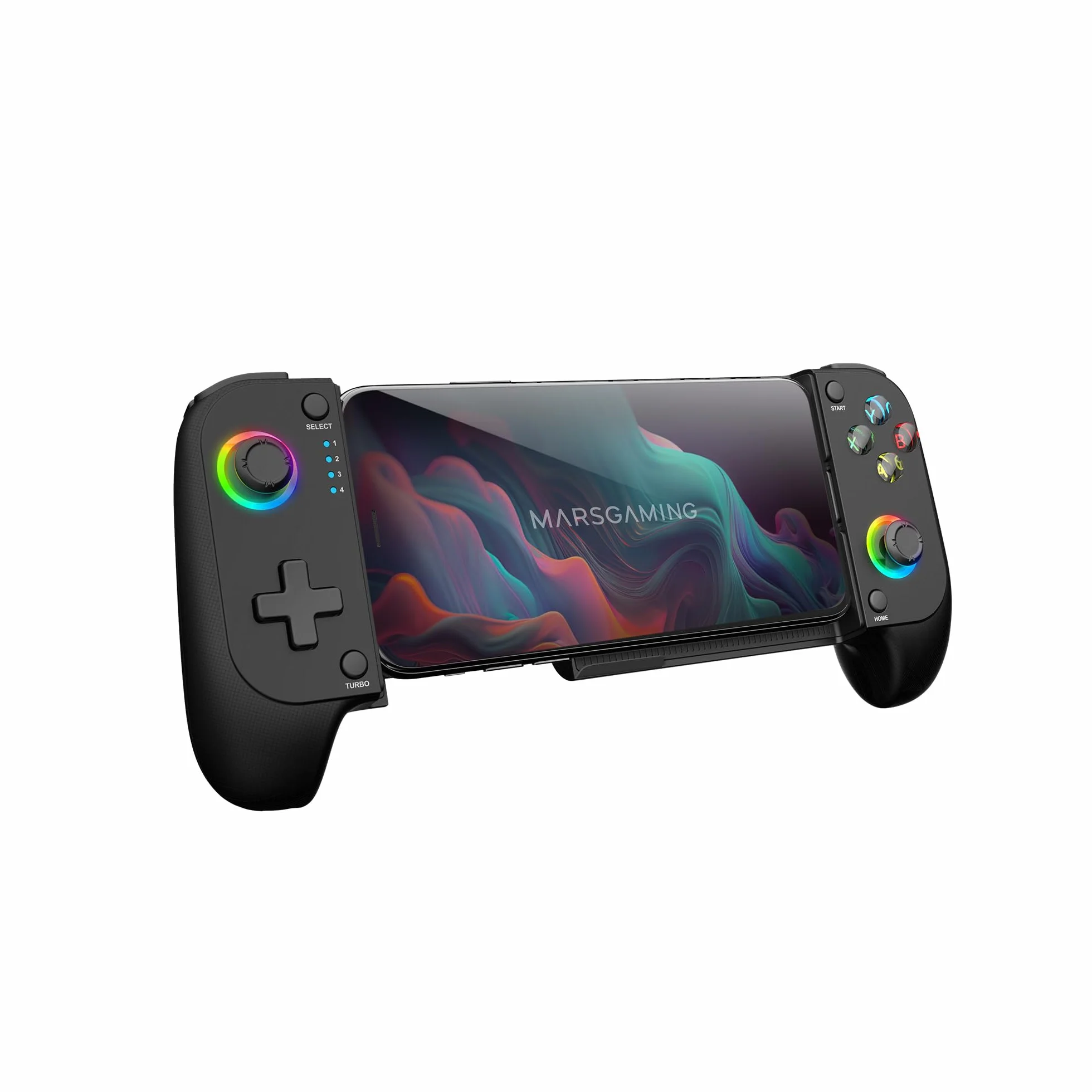 Mars Gaming MGPX, Bluetooth 5.0 Gamepad 2in1, RGB Neon, Dual Vibration und Turbo-Funktion, Smartphone-Halterung bis zu 6.8", Controller Kompatibilität PC, Android, iOS und Konsolen, USB-C, Schwarz