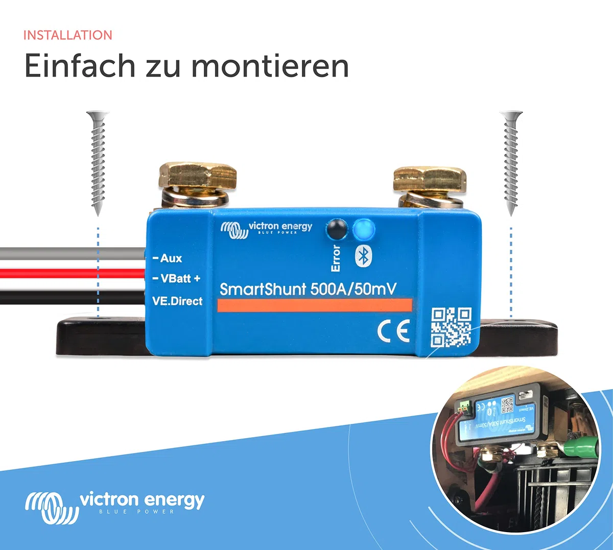 Victron Energy SmartShunt IP65 Batteriewächter (Bluetooth) - Victron Shunt - Batteriemonitor - 6.5V-70V - 500 Amp