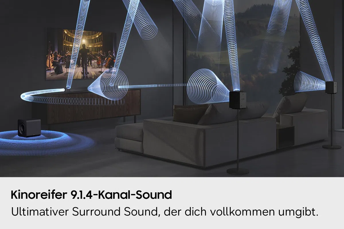 Samsung HW-Q995GH Q-Series 11.1.4-Kanal Surround-Soundbar für Fernseher, Kabelloser 8"-Dual-Subwoofer, 4.0.2-Kanal-Rücklautsprecher, Kabellos Dolby Atmos & DTS:X, SpaceFit Sound Pro, Q-Symphony, Alexa