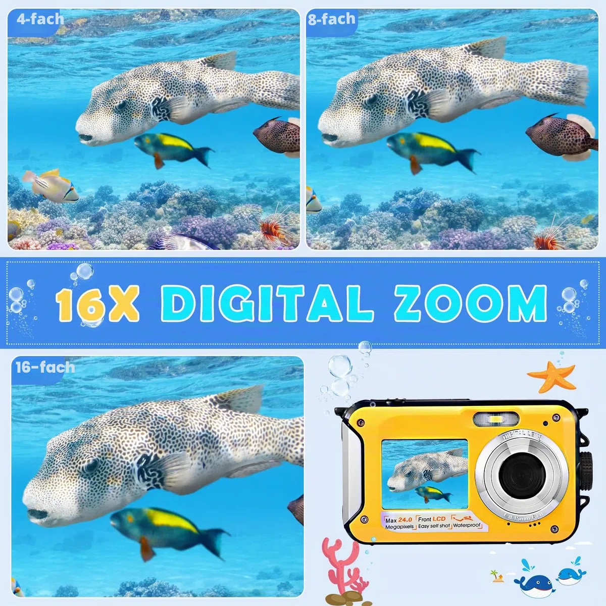 Digitalkamera, Wasserdicht, Full HD 2.7 K, 24 MP, Unterwasserkamera, 16 X Zoom, Wasserdicht, mit Doppelbildschirm, Autofocus für Jugendliche, Schüler, Anfänger, Gelb