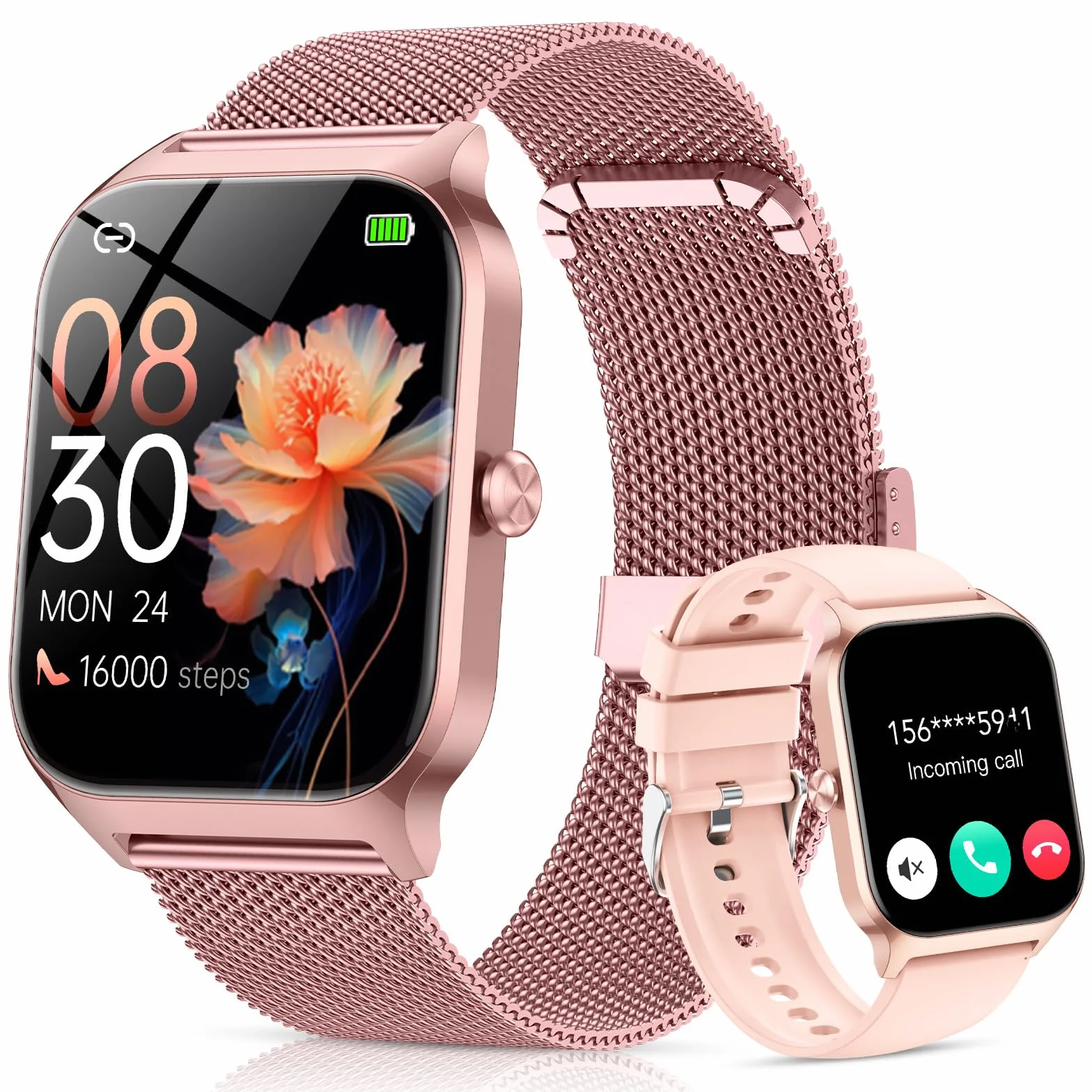 CASCHO Smartwatch Damen 1.85'' Telefonfunktion 120+ Sportmodi Fitnessuhr Herzfrequenz SpO2 Schrittzähler Schlafmonitor IP68 Wasserdicht Fitness Tracker iOS Android Roségold