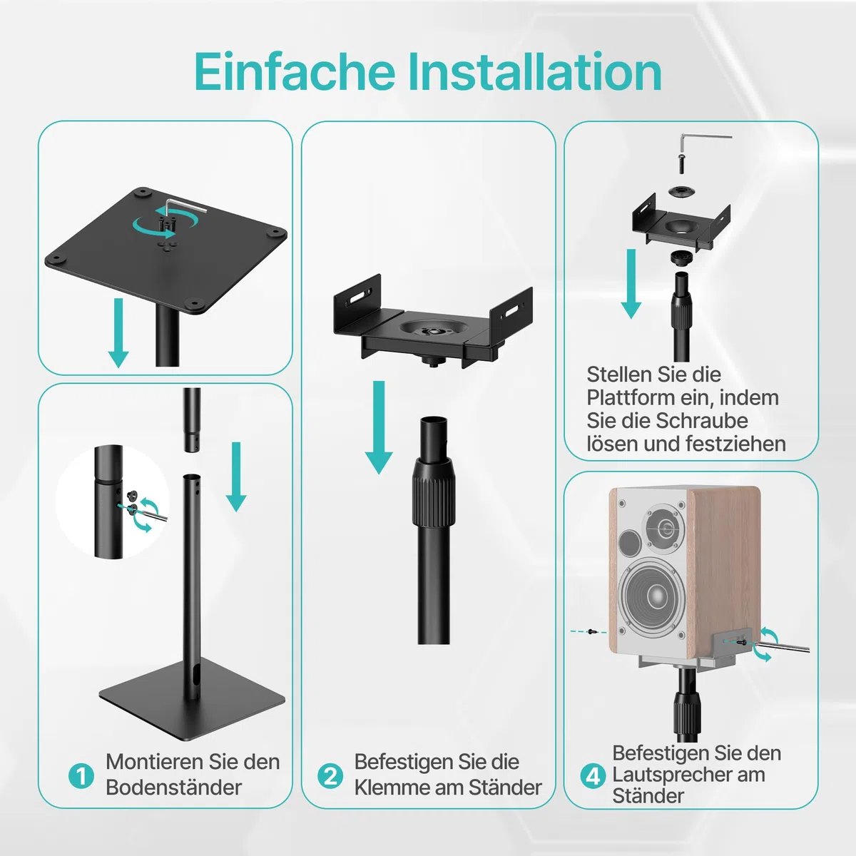 Pegzone Universal Lautsprecherständer, Boxenständer höhenverstellbar von 85,8 cm bis 112,8 cm,Tragfähigkeit 5 kg, kompatibel mit Bose/JBL/Sony, schwarz, 2er-Set (Paar)