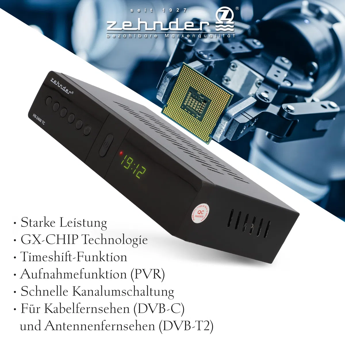 ZEHNDER HX 2400 TC Hybrid Receiver - DVB-C und DVB-T2 geeignet, Receiver für TV, Aufnahme und Timeshift Funktion über USB, 4-Stelliges LED Display, Lernbare Fernbedienung, 12V Netzteil, Full HD 1080p
