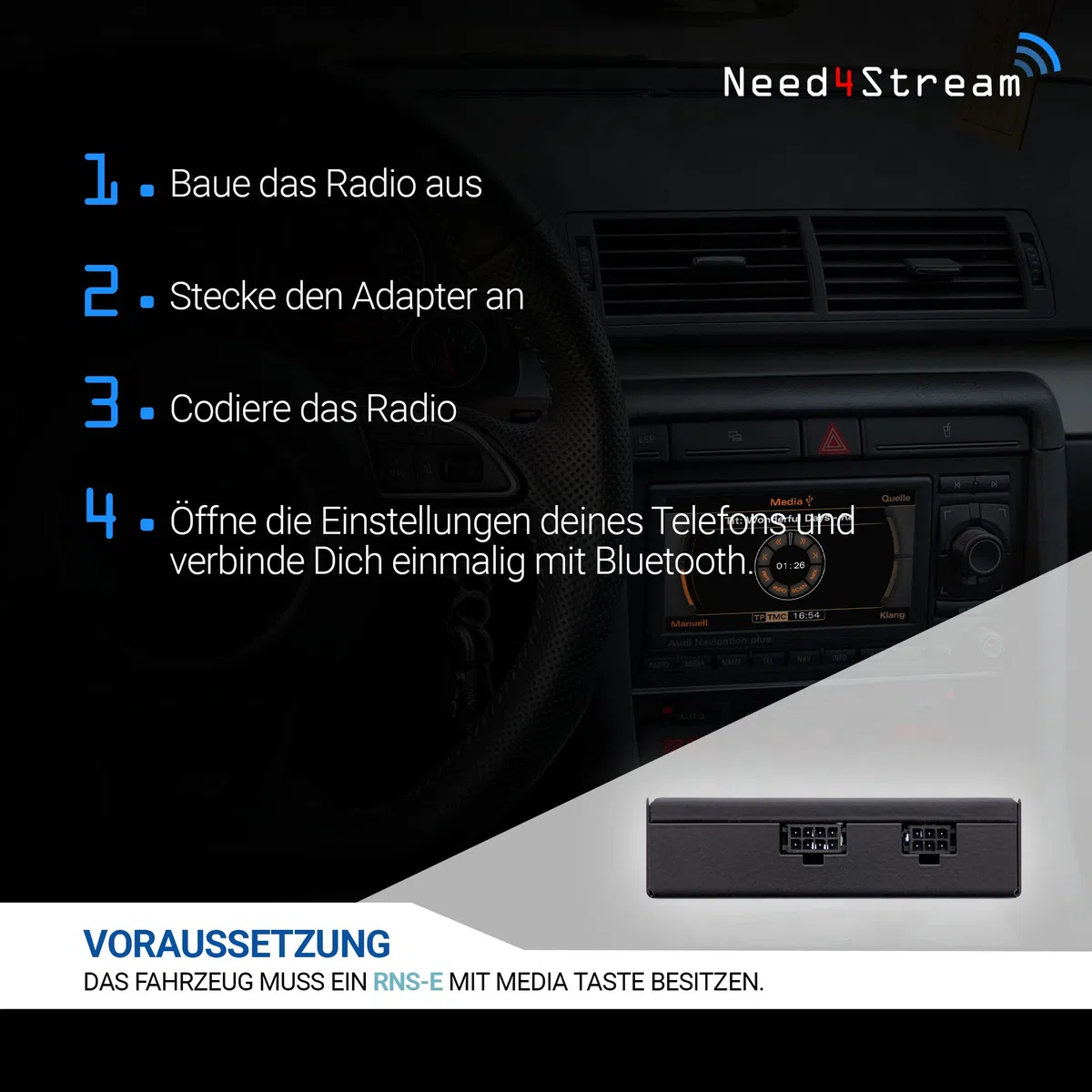 N4S74094 Bluetooth Adapter Auto mit Titelanzeige für RNS-E, Audio Adapter kompatibel mit Audi A3 (8P), Audi TT (8J), Audi R8 (420), Lamborghini Gallardo, Seat Exeo, iPhone und Android