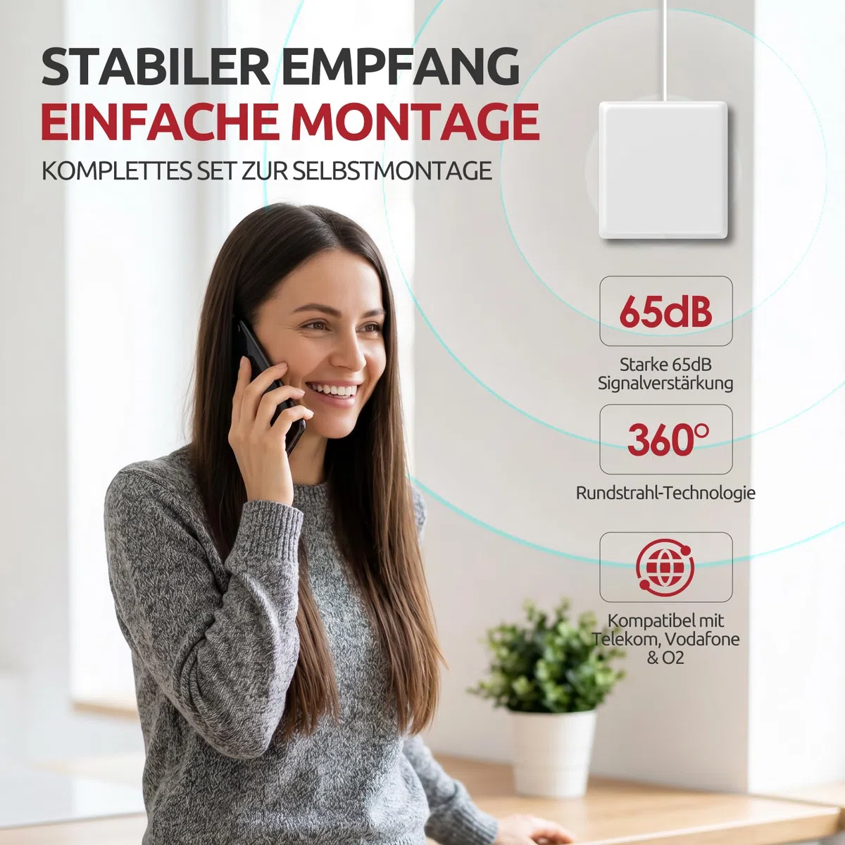 Mobilfunk Verstärker Handy Signalverstärker LTE 4G 5G für Alle Netze, Fünf-Band Repeater mit Omnidirektionale Antenne, 65dB Gain Booster für Wohnung & Home Office, Unterstützt Telekom/Vodafone/O2