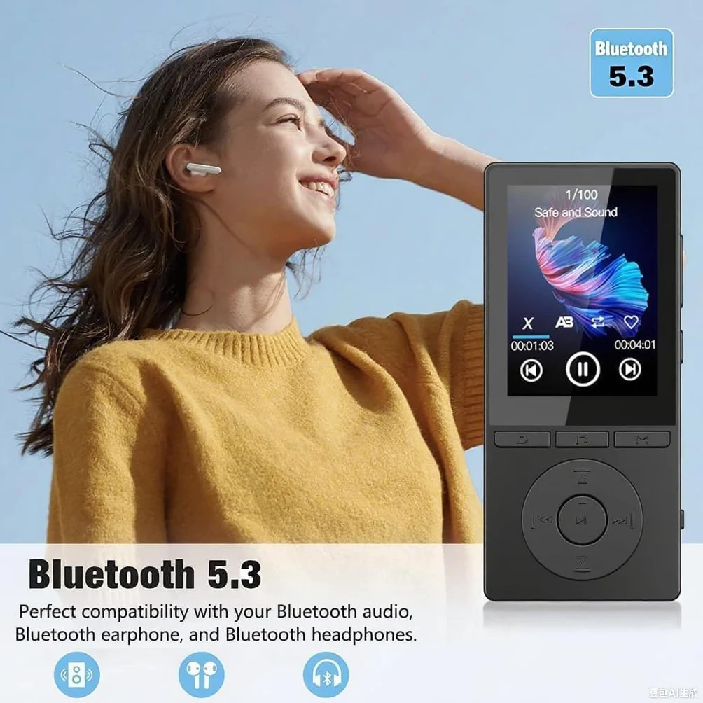 64GB MP3 Player Bluetooth 5.3, MP3 Player mit Lautsprecher, Musikwiedergabe, Sprachrekorder, E-Book, HiFi-Sound, Kopfhörer, MP3-Player Ideal für Sport, Support 128GB TF Card, Schwarz